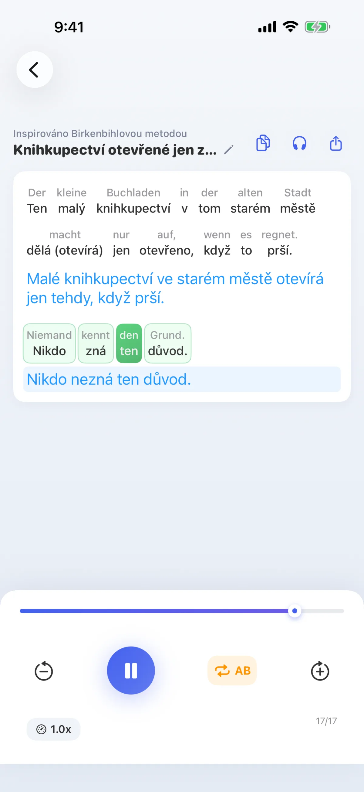 Aplikace LinguaFlow – dekódování: porozumění cizímu jazyku slovo po slově, inspirováno Birkenbihlovou metodou