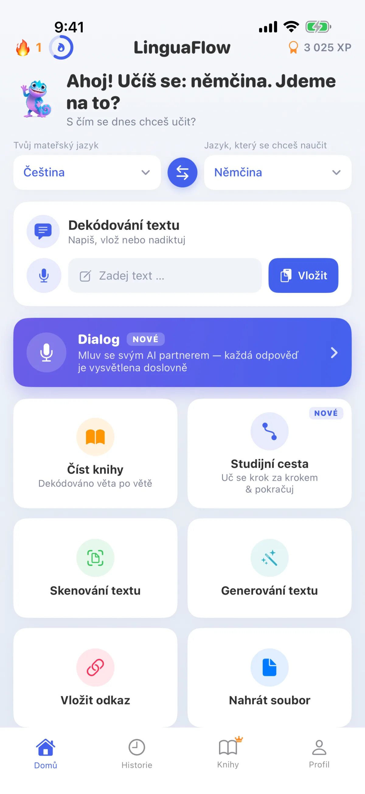 Úvodní stránka LinguaFlow – výběr mateřského jazyka a jazyka, který se učíte, dekódování textu