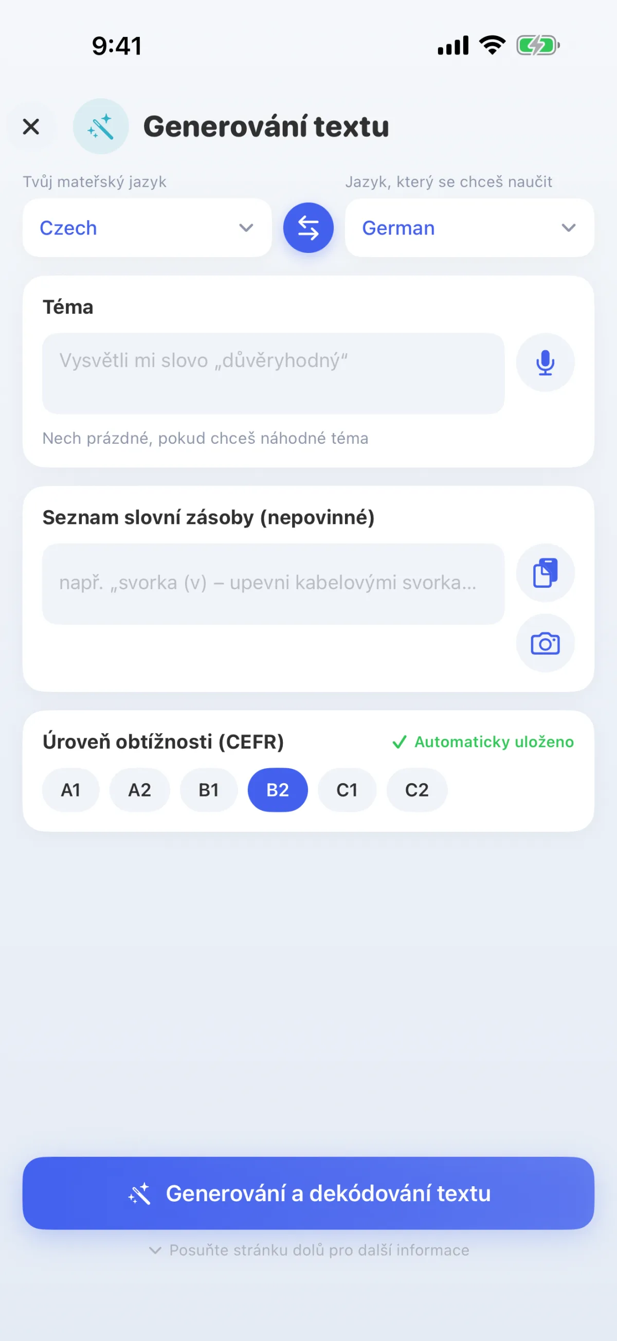 Umělá inteligence píše texty na tvé téma – na tvé úrovni od A1 do C2.