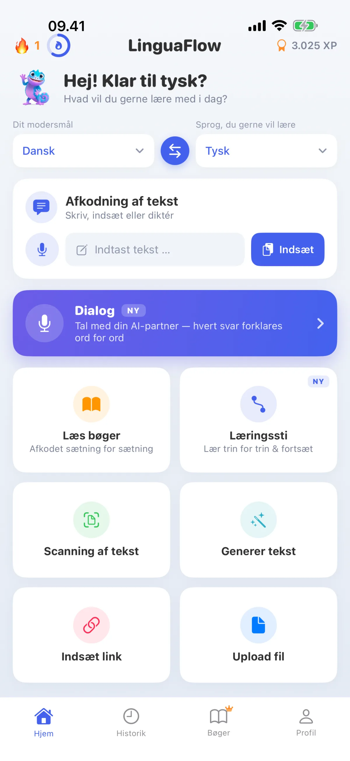 LinguaFlow-startside – Vælg modersmål og læringssprog, afkod tekst