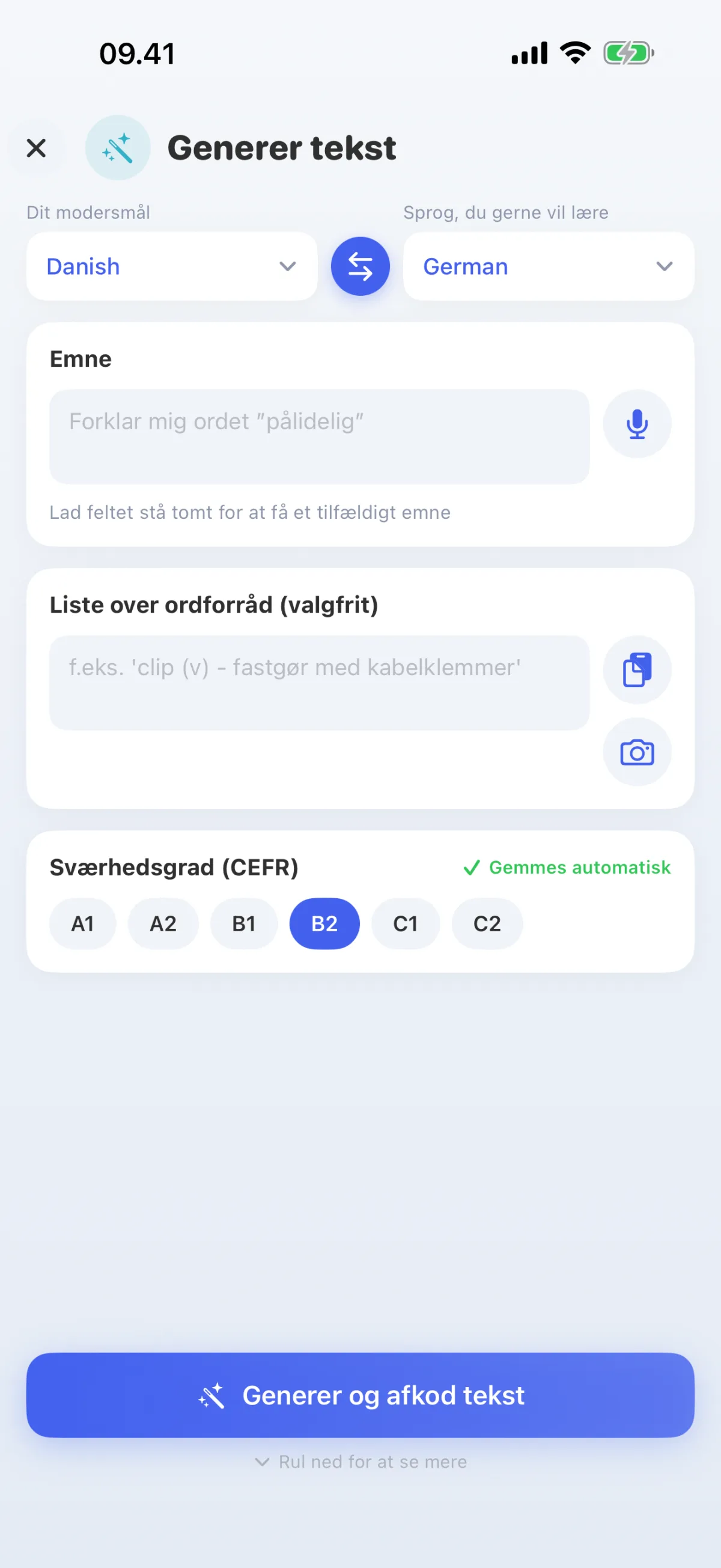 AI’en skriver tekster om dit emne – på dit niveau fra A1 til C2.