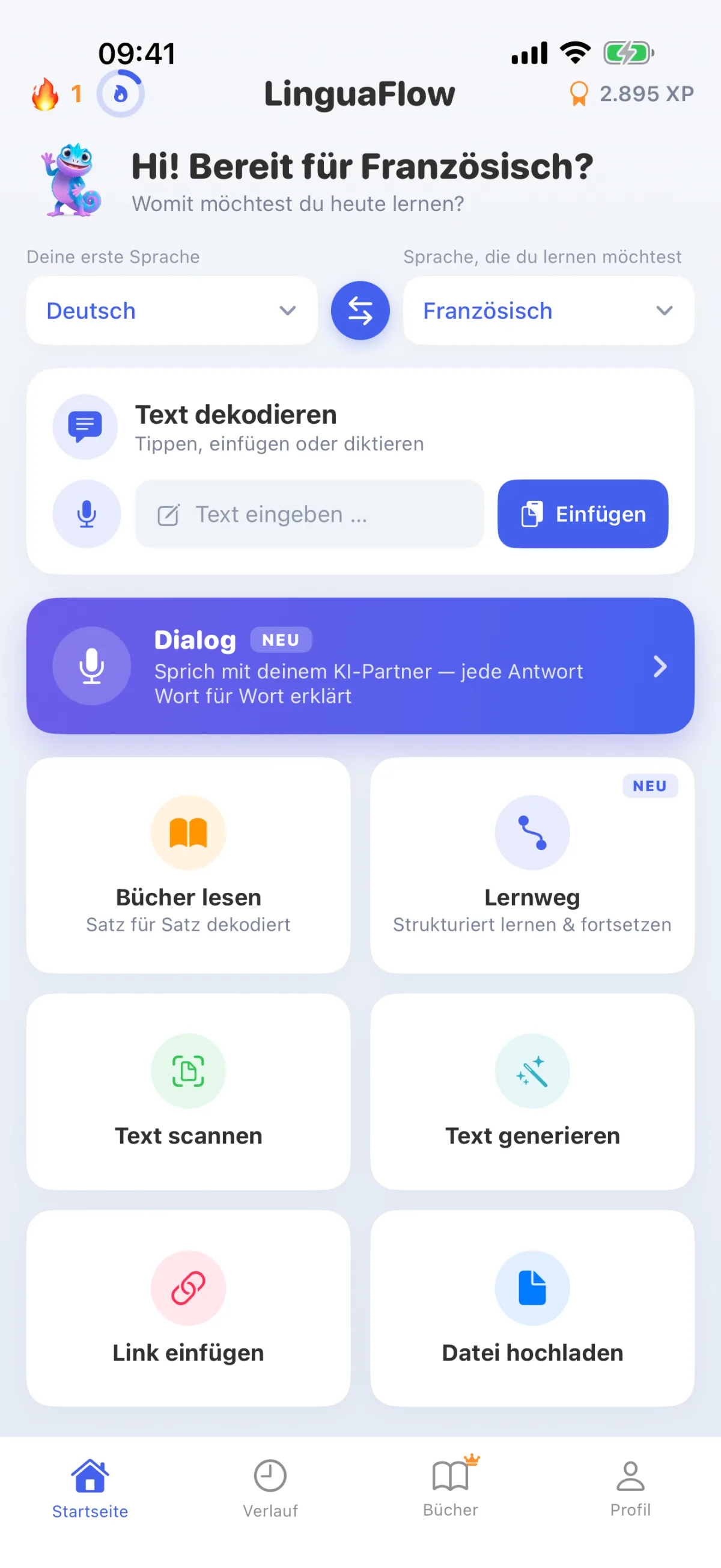 LinguaFlow Startseite – Muttersprache und Lernsprache wählen, Text dekodieren