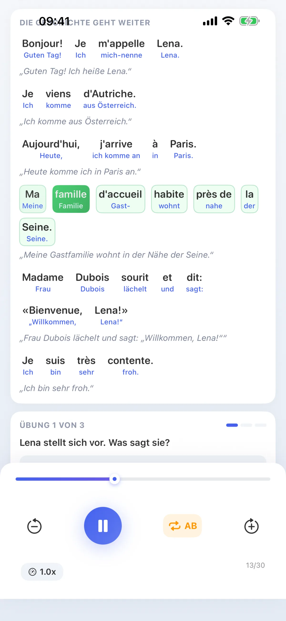 Lernweg-Lektion: Text hören und mitlesen, das gesprochene Wort wird markiert