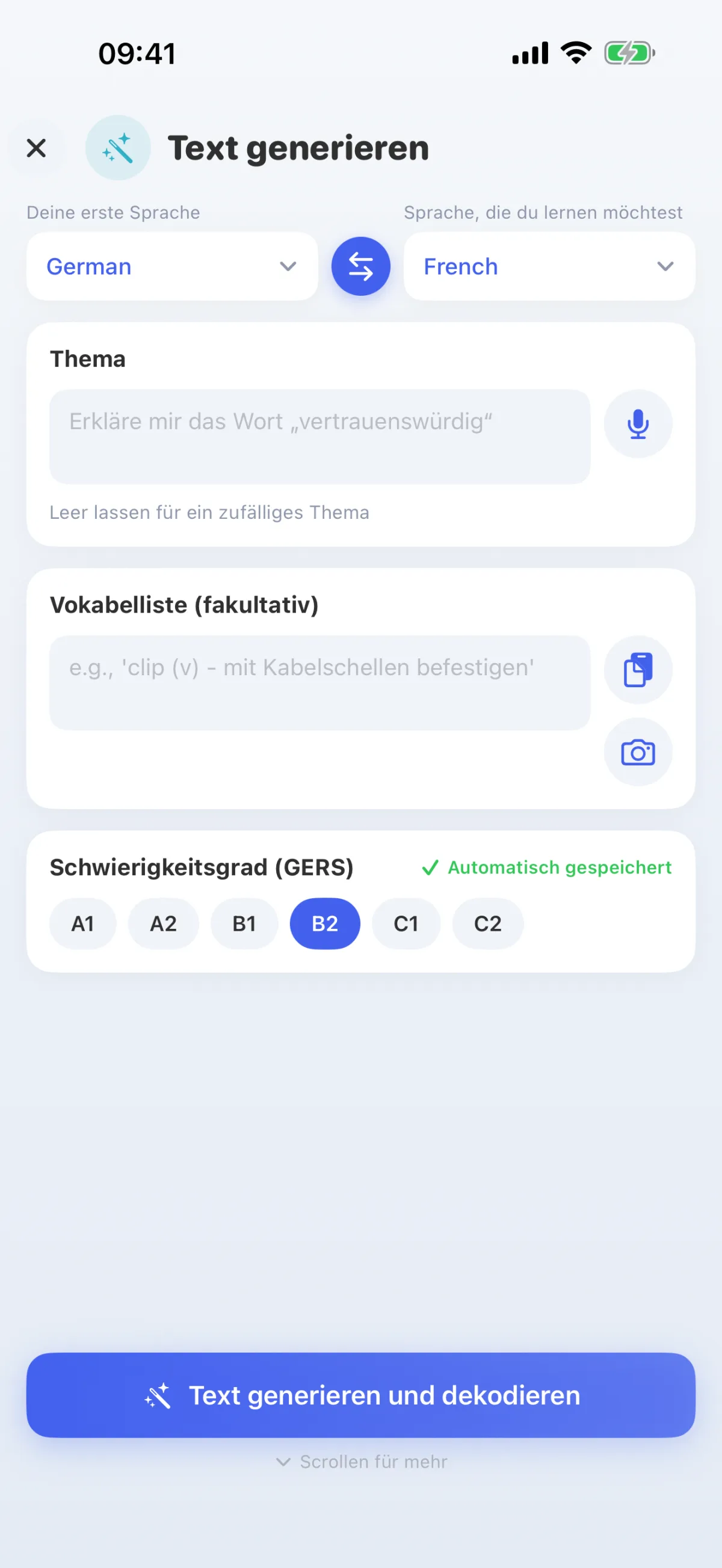 Die KI schreibt Texte zu deinem Thema – auf deinem Niveau von A1 bis C2.