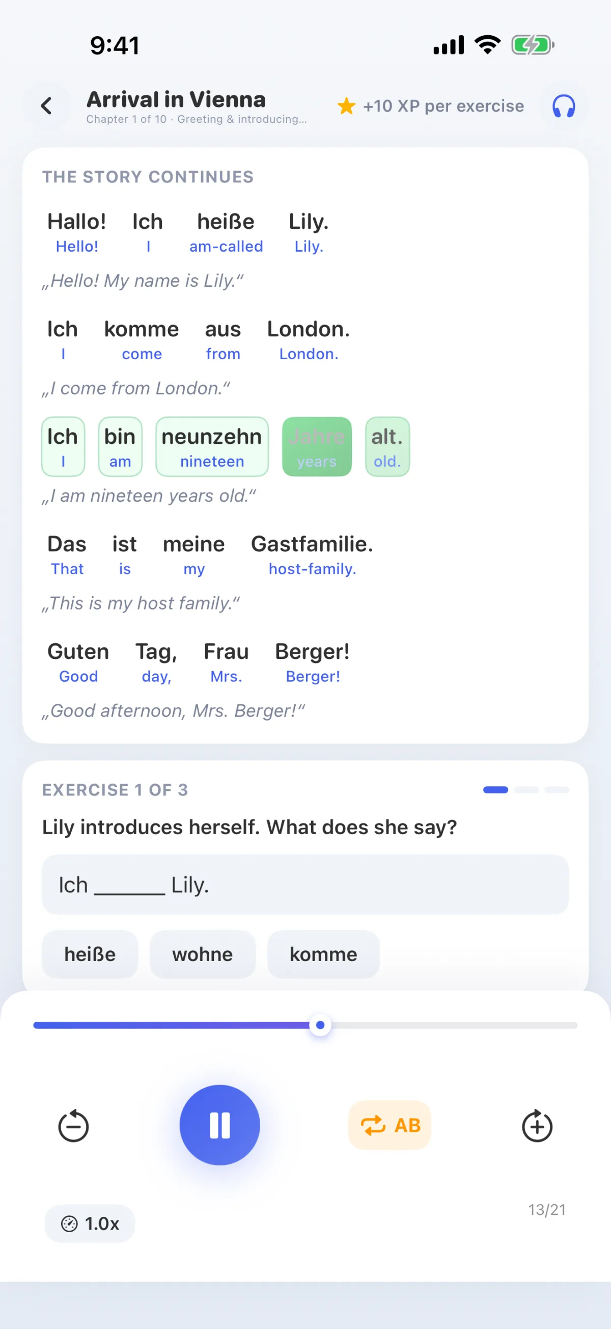 Lernweg-Lektion: Text hören und mitlesen, das gesprochene Wort wird markiert