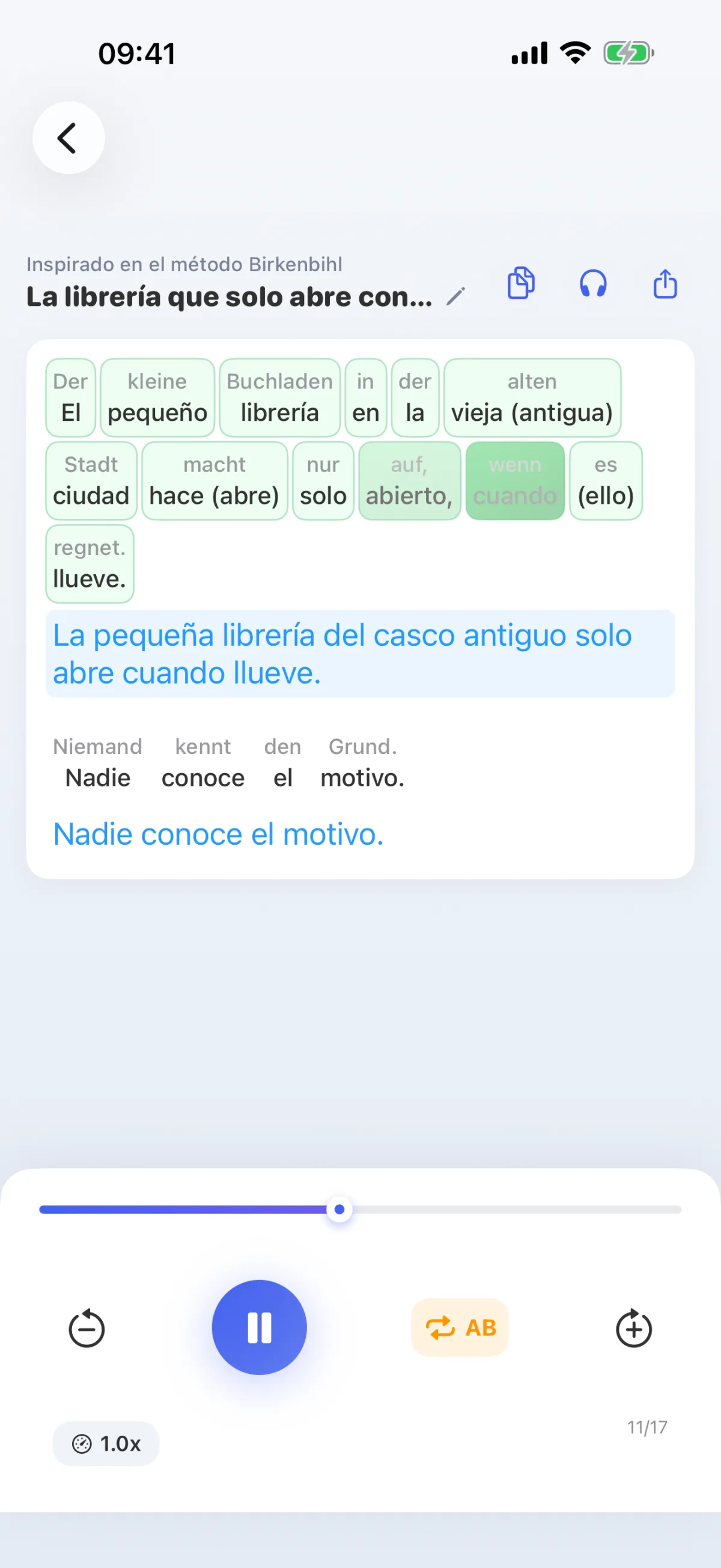 Descripción de la aplicación LinguaFlow: comprender una lengua extranjera palabra por palabra, inspirada en el método Birkenbihl