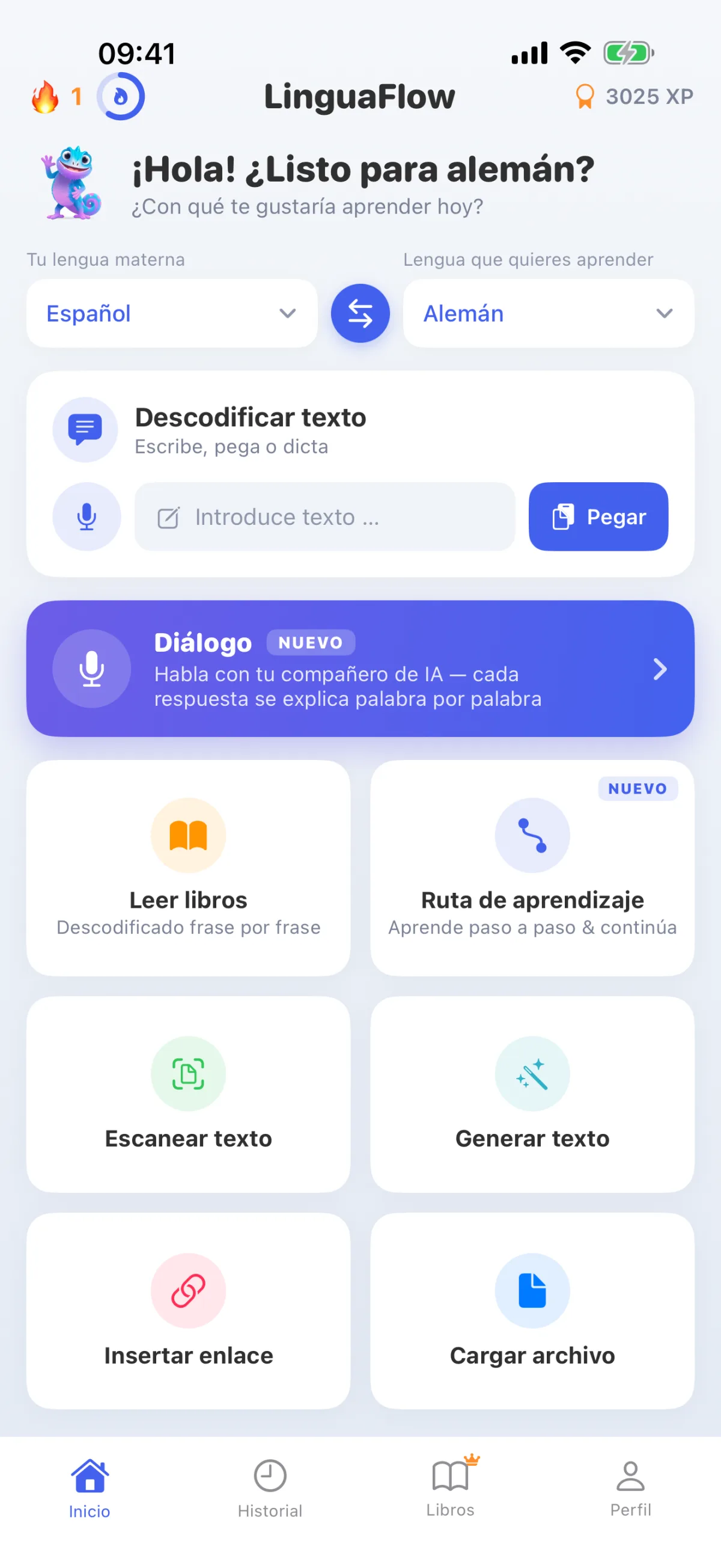 Página de inicio de LinguaFlow: seleccionar la lengua materna y la lengua de aprendizaje, descodificar el texto