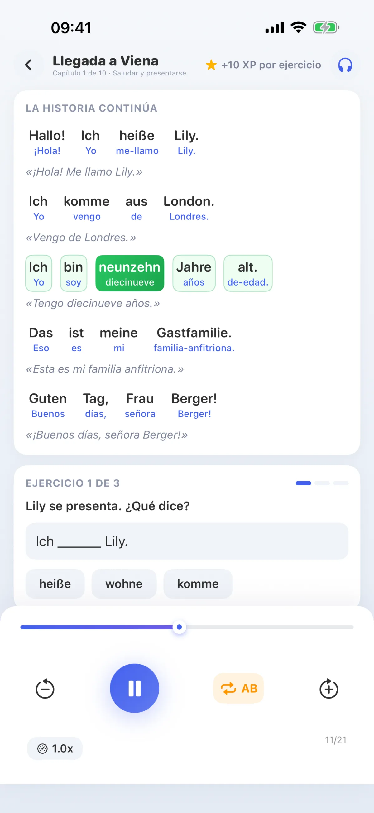 Lección del itinerario de aprendizaje: escuchar el texto y leerlo al mismo tiempo; se resalta la palabra que se está pronunciando