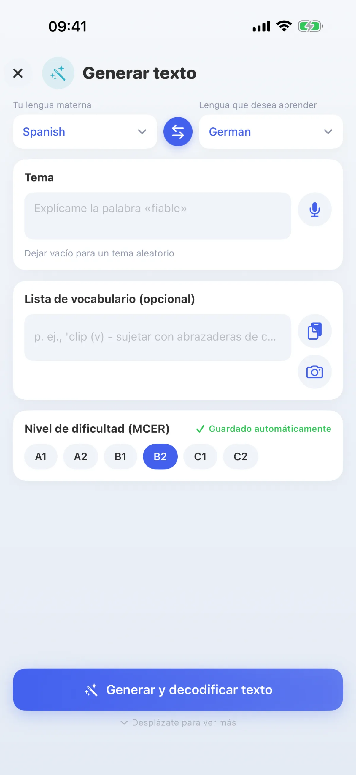 La IA redacta textos sobre el tema que elijas, adaptados a tu nivel, desde A1 hasta C2.
