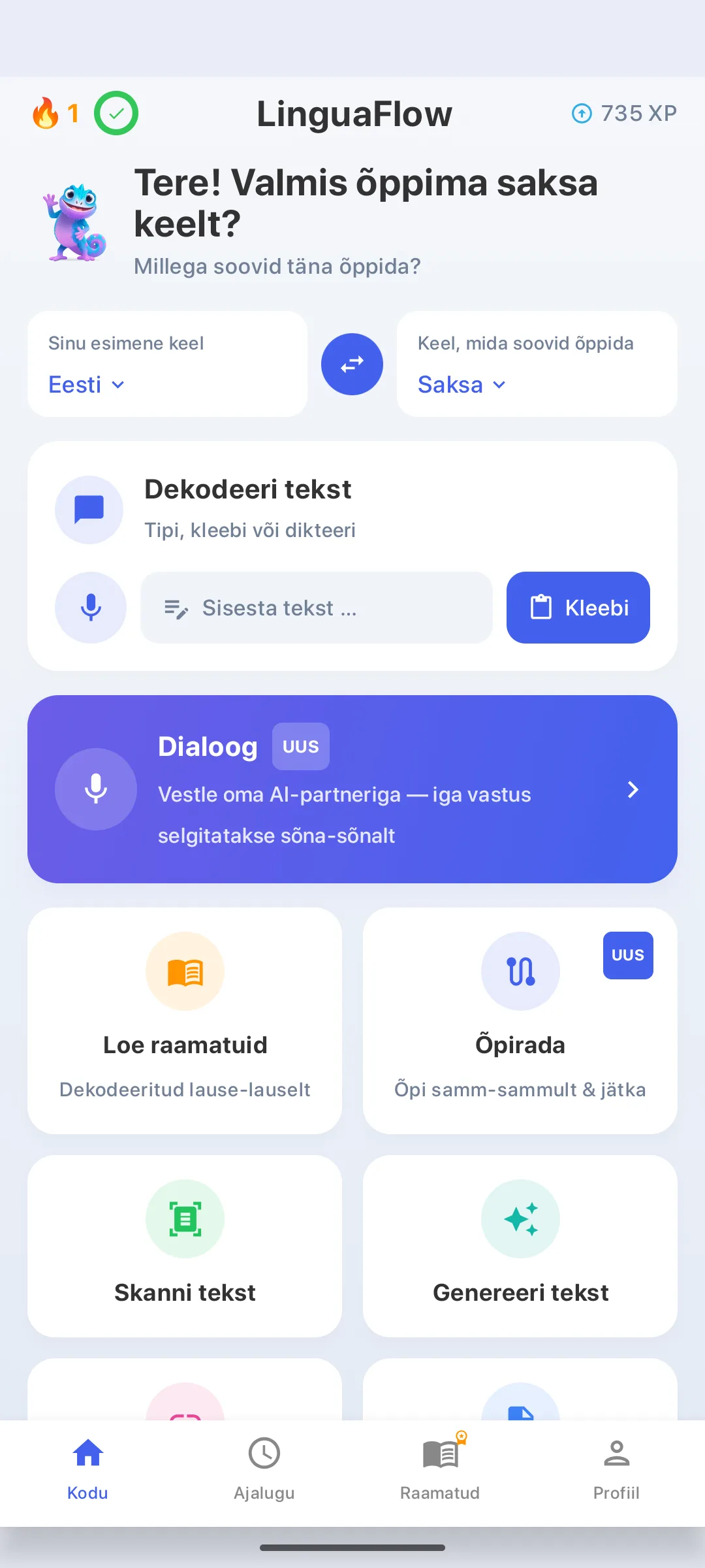 LinguaFlow avaleht – emakeele ja õpitava keele valimine, teksti dekodeerimine