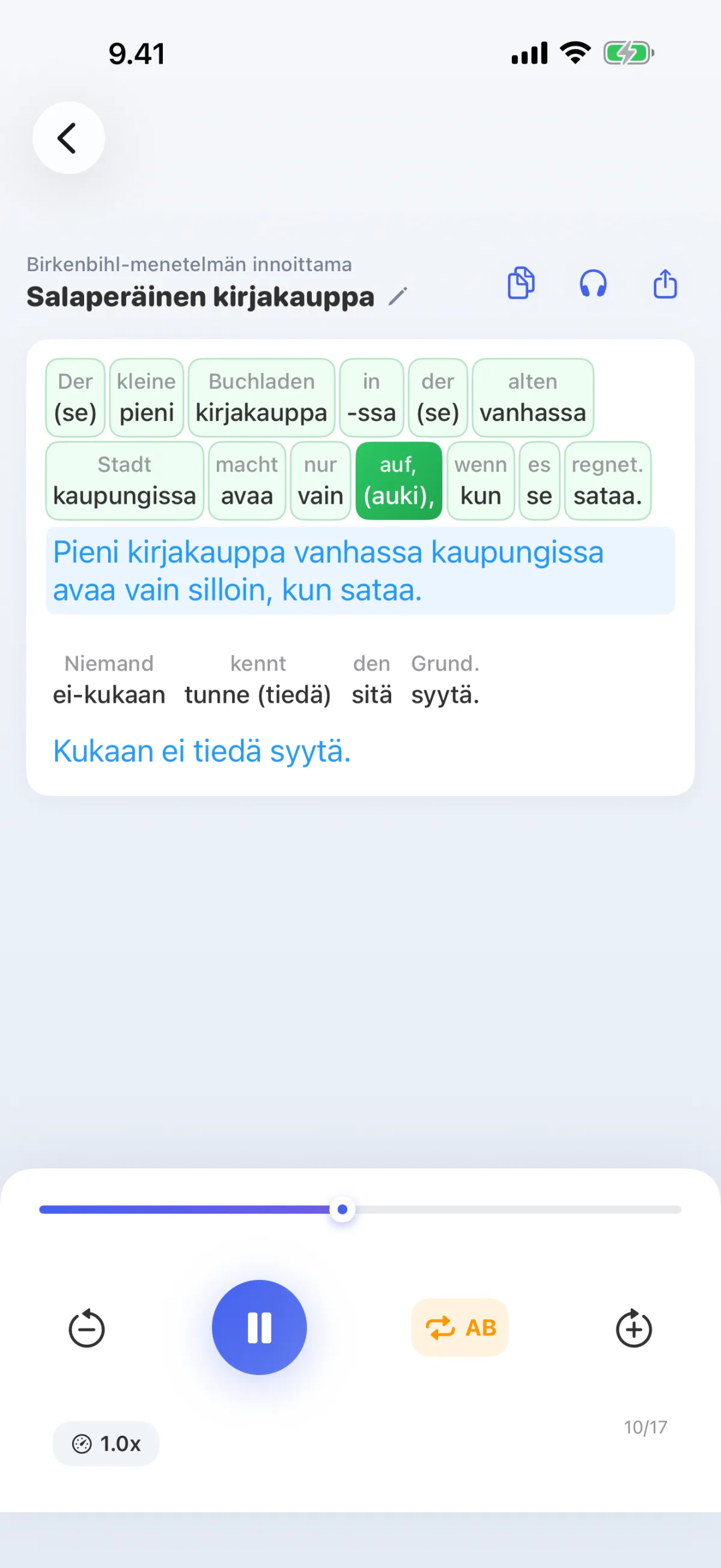 LinguaFlow-sovelluksen dekoodaus – vieraan kielen ymmärtäminen sana sanalta, Birkenbihlin menetelmän innoittamana