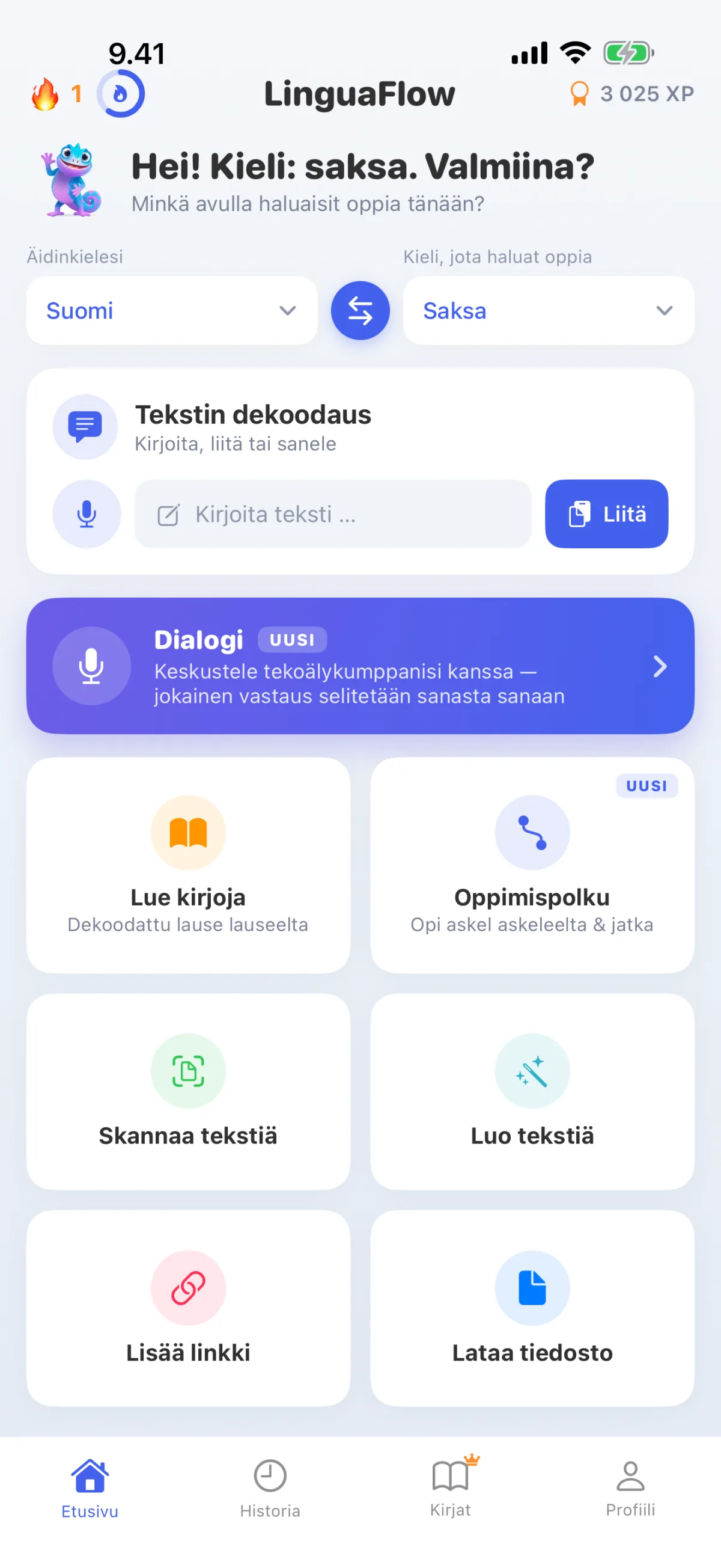 LinguaFlow-etusivu – Valitse äidinkieli ja opiskeltava kieli, tulkitse teksti