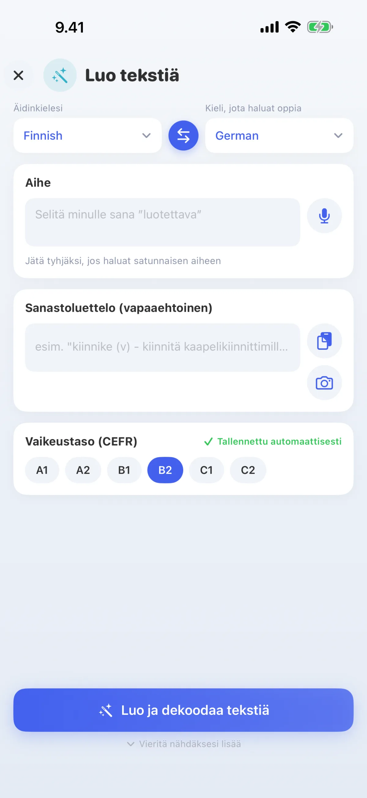 Tekoäly kirjoittaa tekstejä valitsemastasi aiheesta – tasollasi A1:stä C2:een.