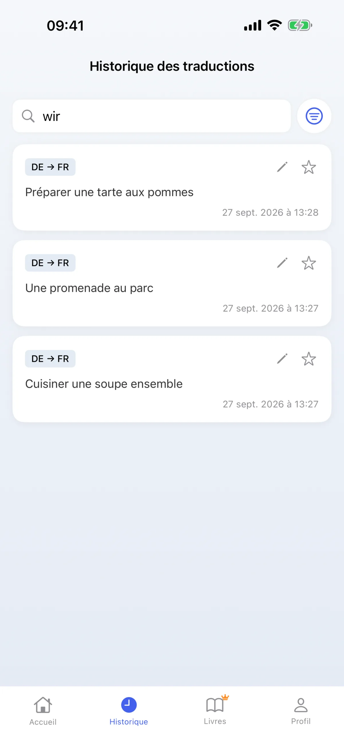 Historique des traductions – rejouer à tout moment les décodages enregistrés