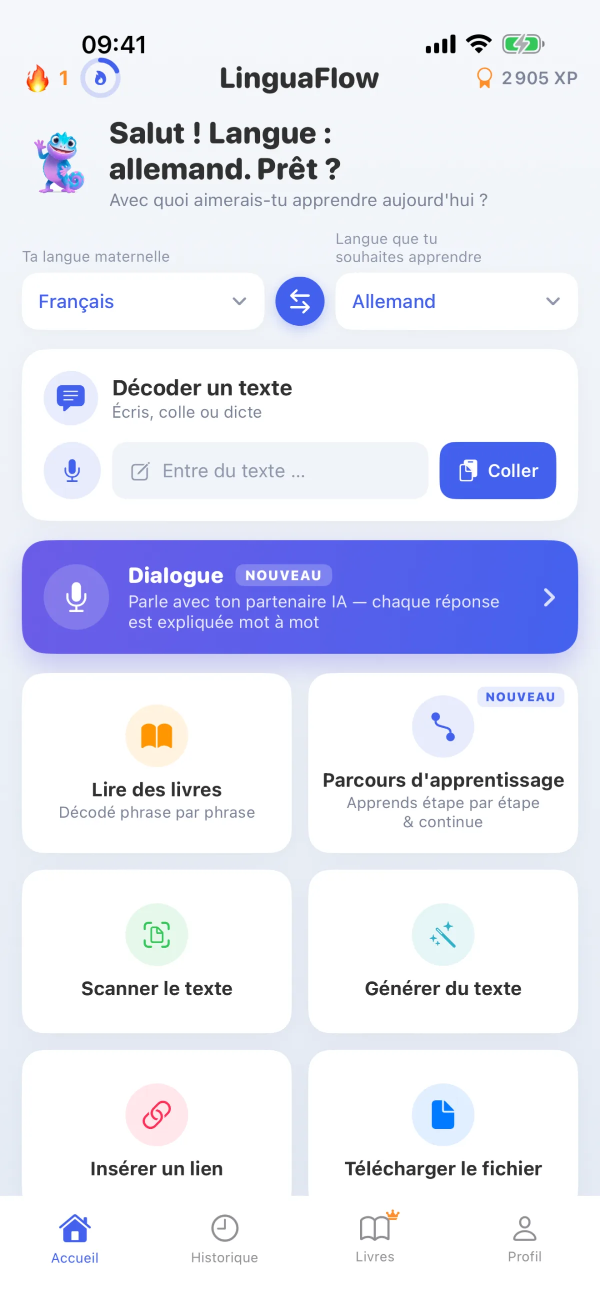 Page d'accueil de LinguaFlow – Choisir sa langue maternelle et la langue d'apprentissage, décoder un texte