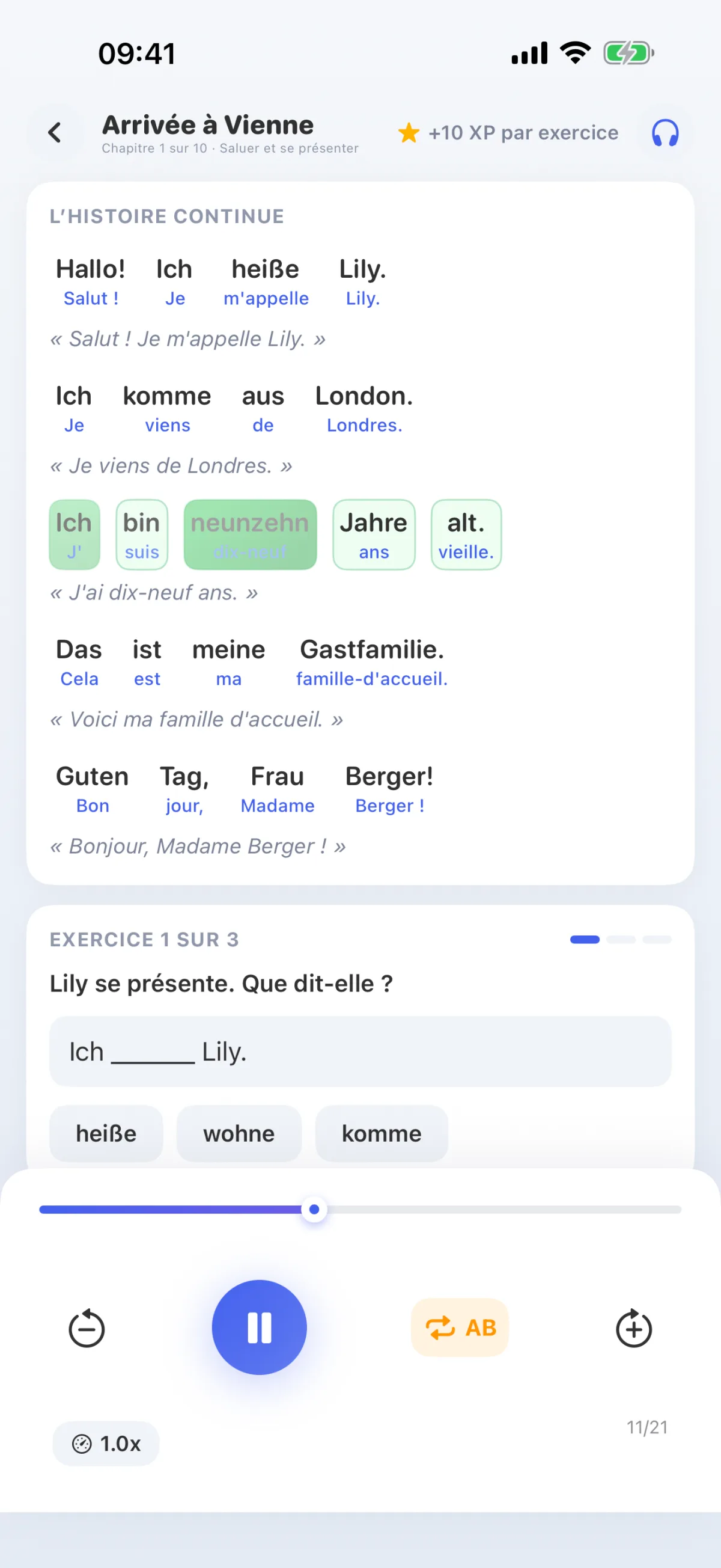 Leçon du parcours d'apprentissage : écouter le texte et le suivre à l'écrit, les mots prononcés sont mis en évidence