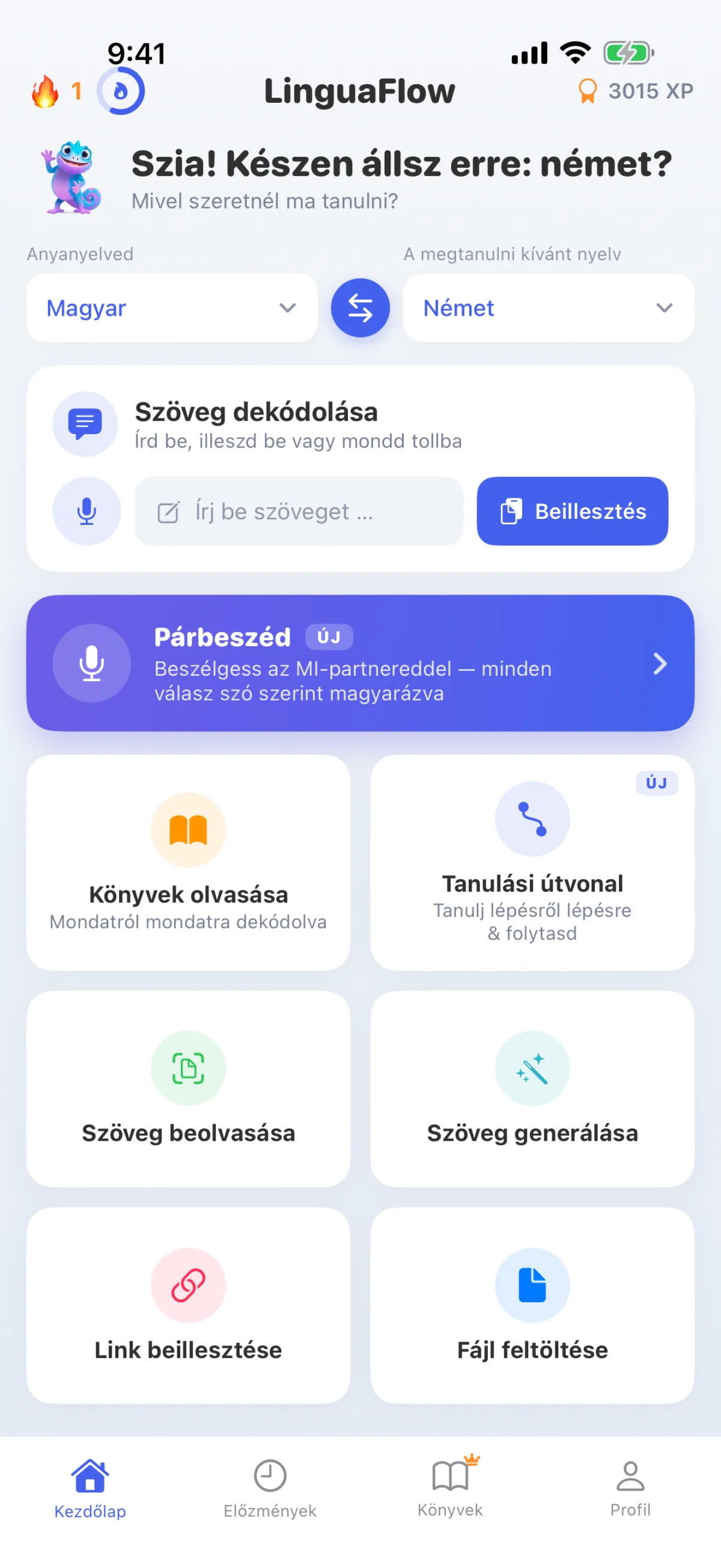 LinguaFlow kezdőlap – Anyanyelv és tanulási nyelv kiválasztása, szöveg dekódolása