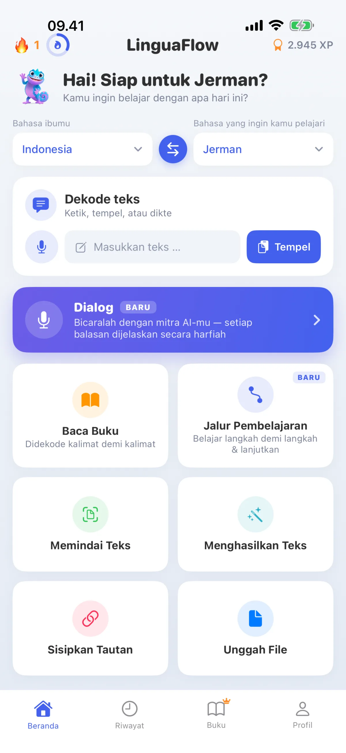 Halaman Utama LinguaFlow – Pilih bahasa ibu dan bahasa yang dipelajari, dekodekan teks