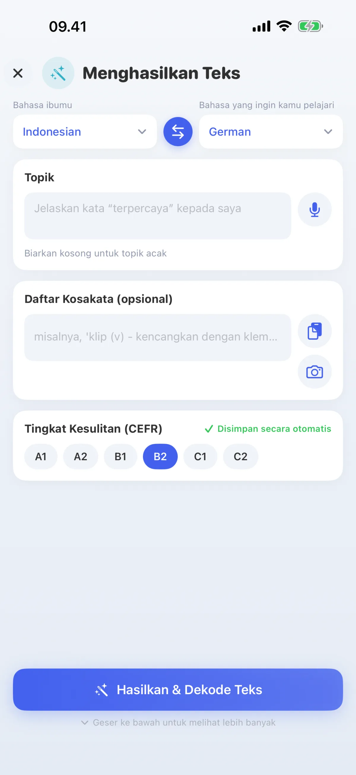 AI ini menulis teks tentang topik yang kamu pilih – sesuai tingkat kemahiranmu, mulai dari A1 hingga C2.