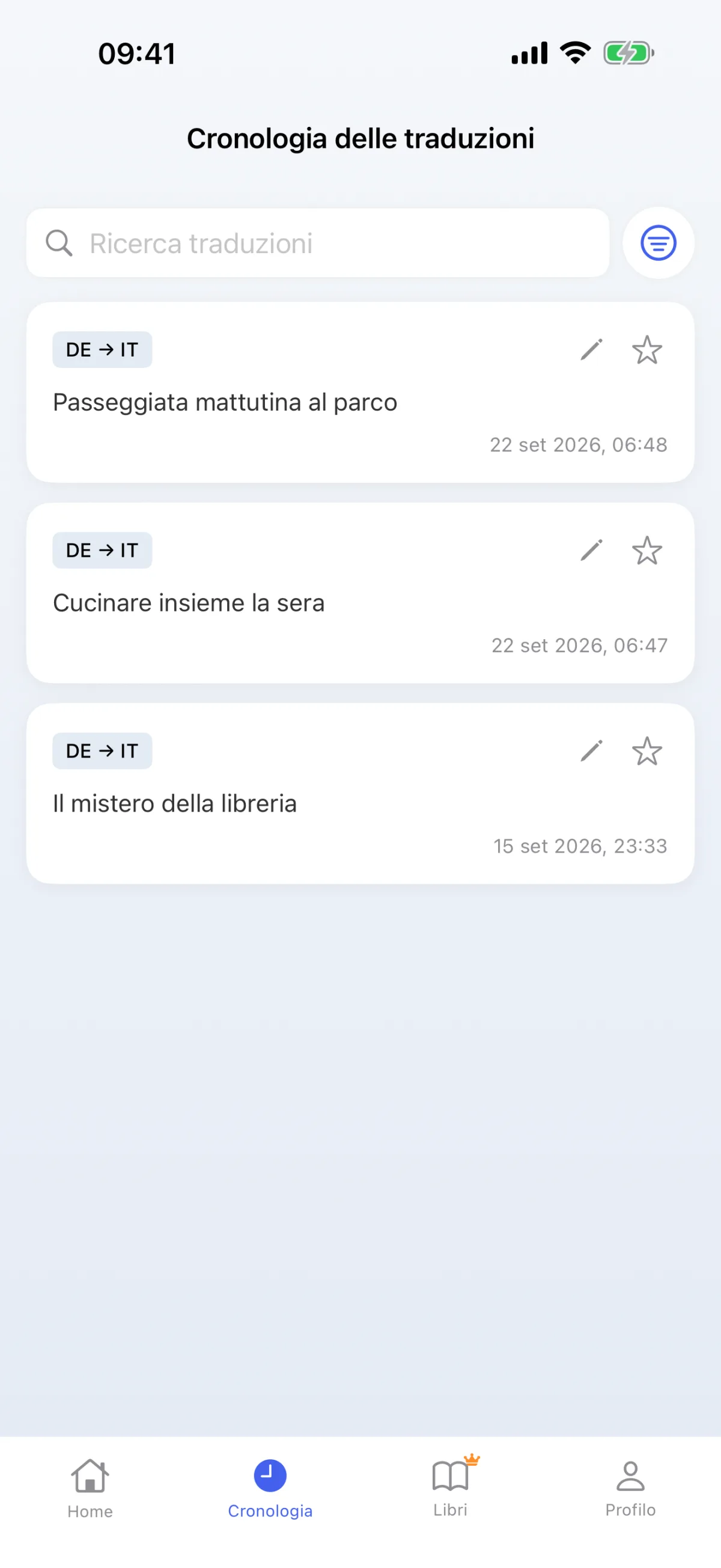 Cronologia delle traduzioni – è possibile ripetere in qualsiasi momento le decodifiche salvate