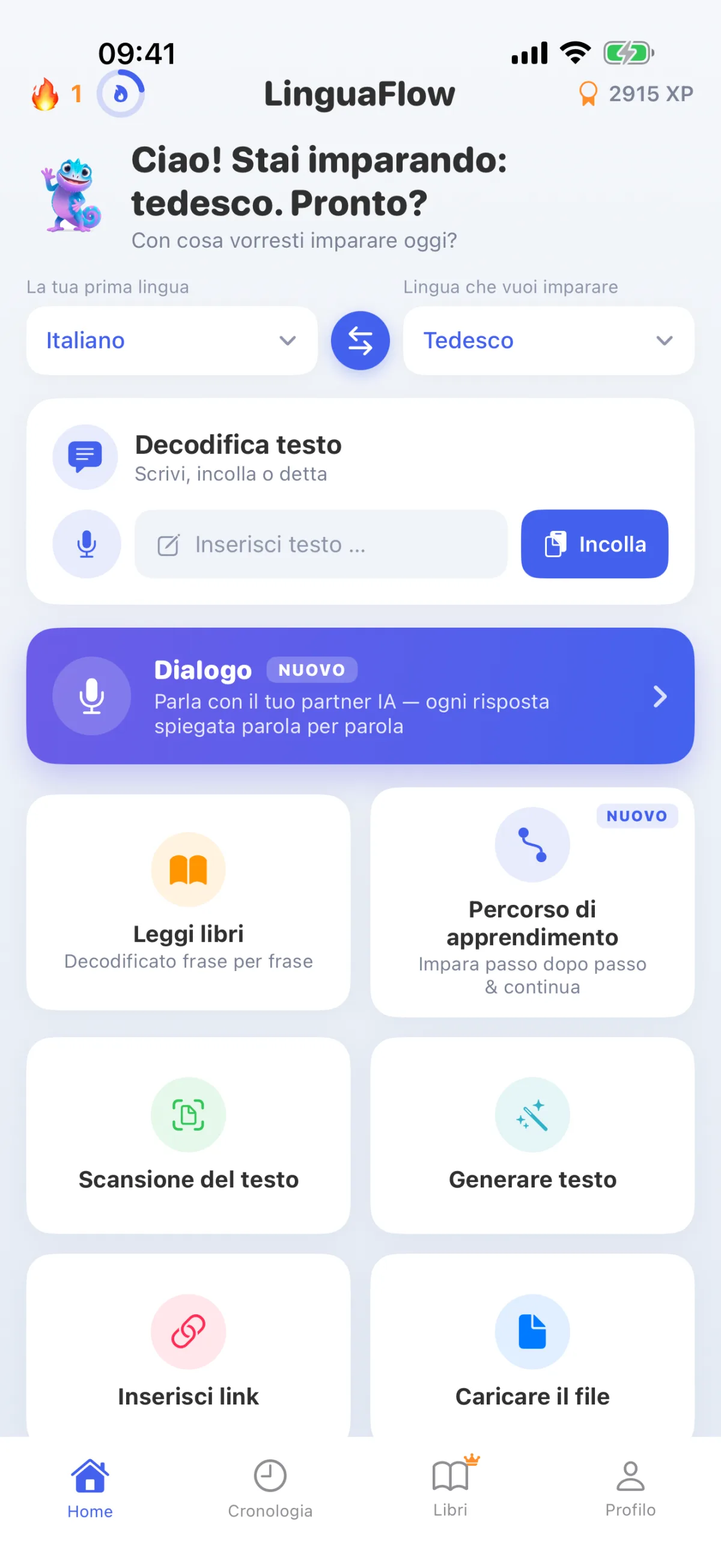 Home page di LinguaFlow – Scegli la lingua madre e la lingua di apprendimento, decodifica il testo