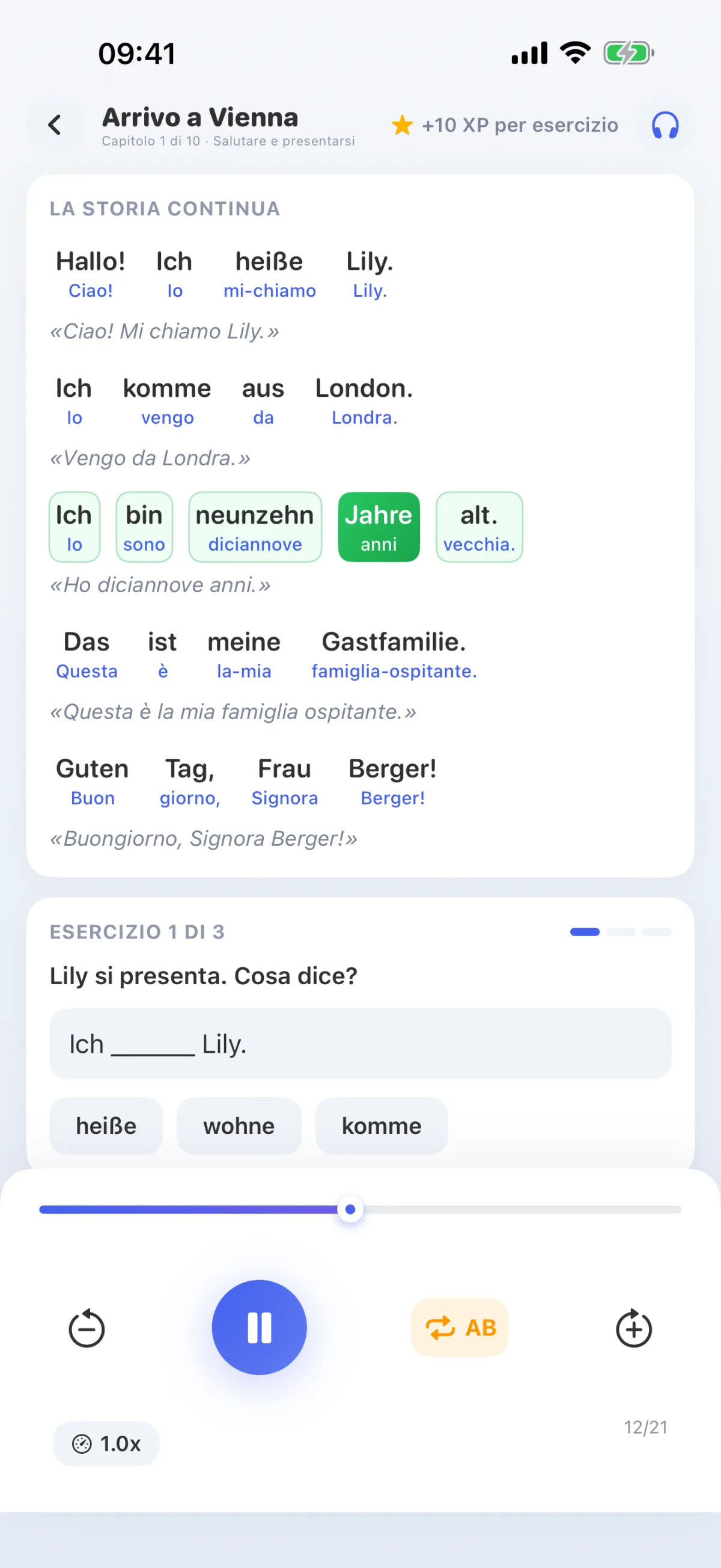 Lezione del percorso didattico: ascoltare il testo e seguire la lettura; le parole pronunciate vengono evidenziate