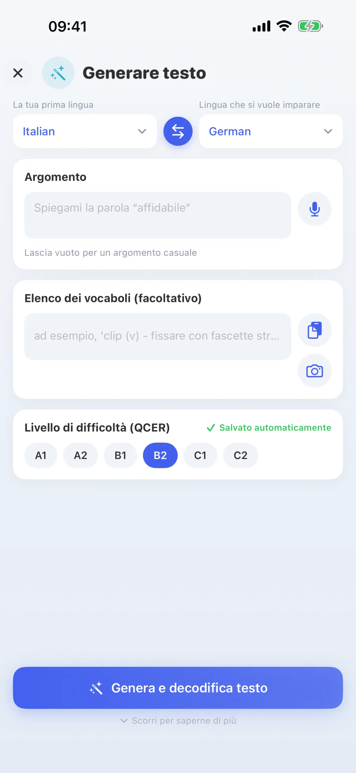 L'IA scrive testi sul tema che ti interessa, adattandoli al tuo livello, da A1 a C2.
