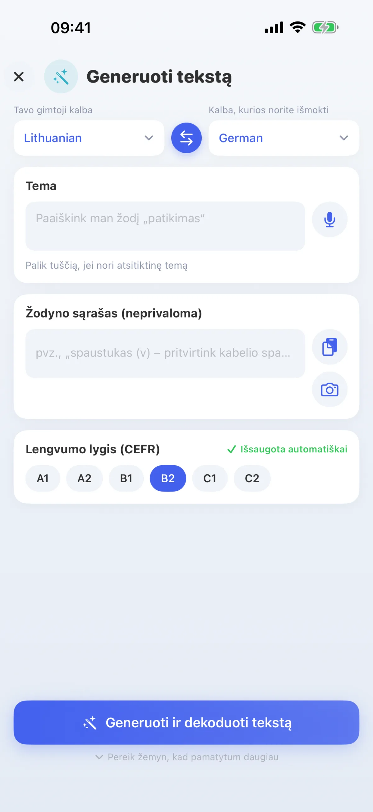 Dirbtinis intelektas rašo tekstus tavo pasirinkta tema – pagal tavo lygį nuo A1 iki C2.