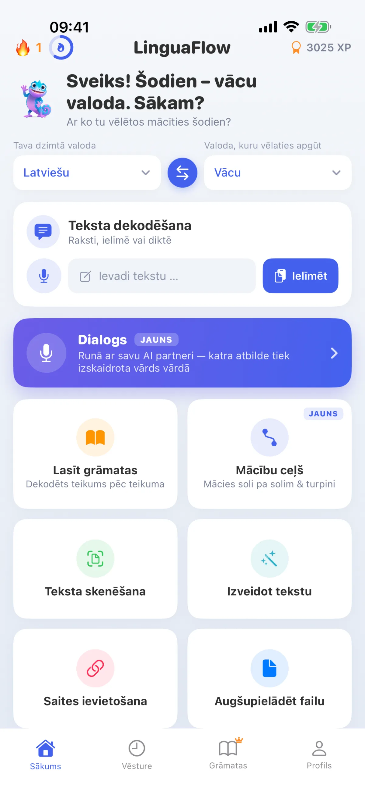 LinguaFlow sākumlapa – izvēlēties dzimto valodu un apgūstamo valodu, dekodēt tekstu