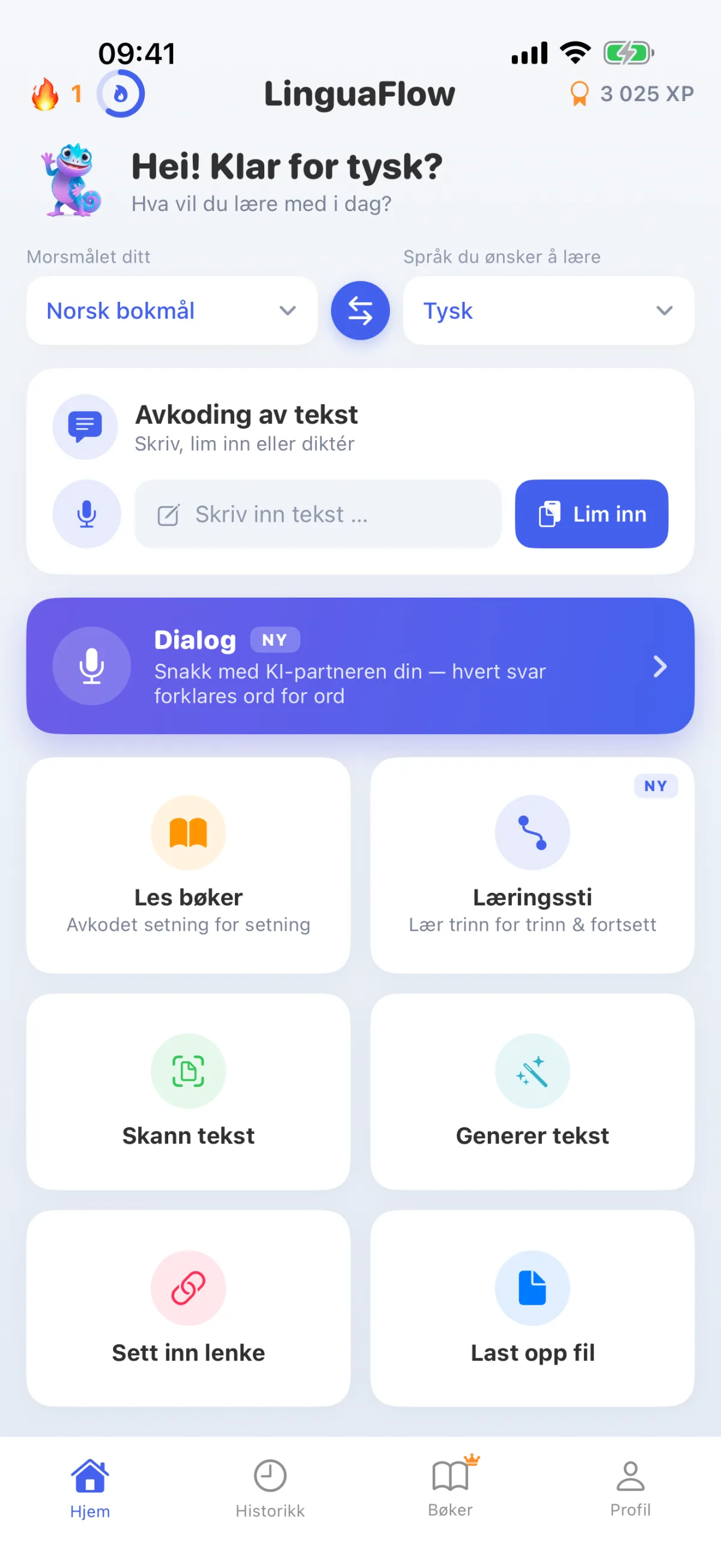 LinguaFlow-startside – Velg morsmål og språk du lærer, avkode tekst