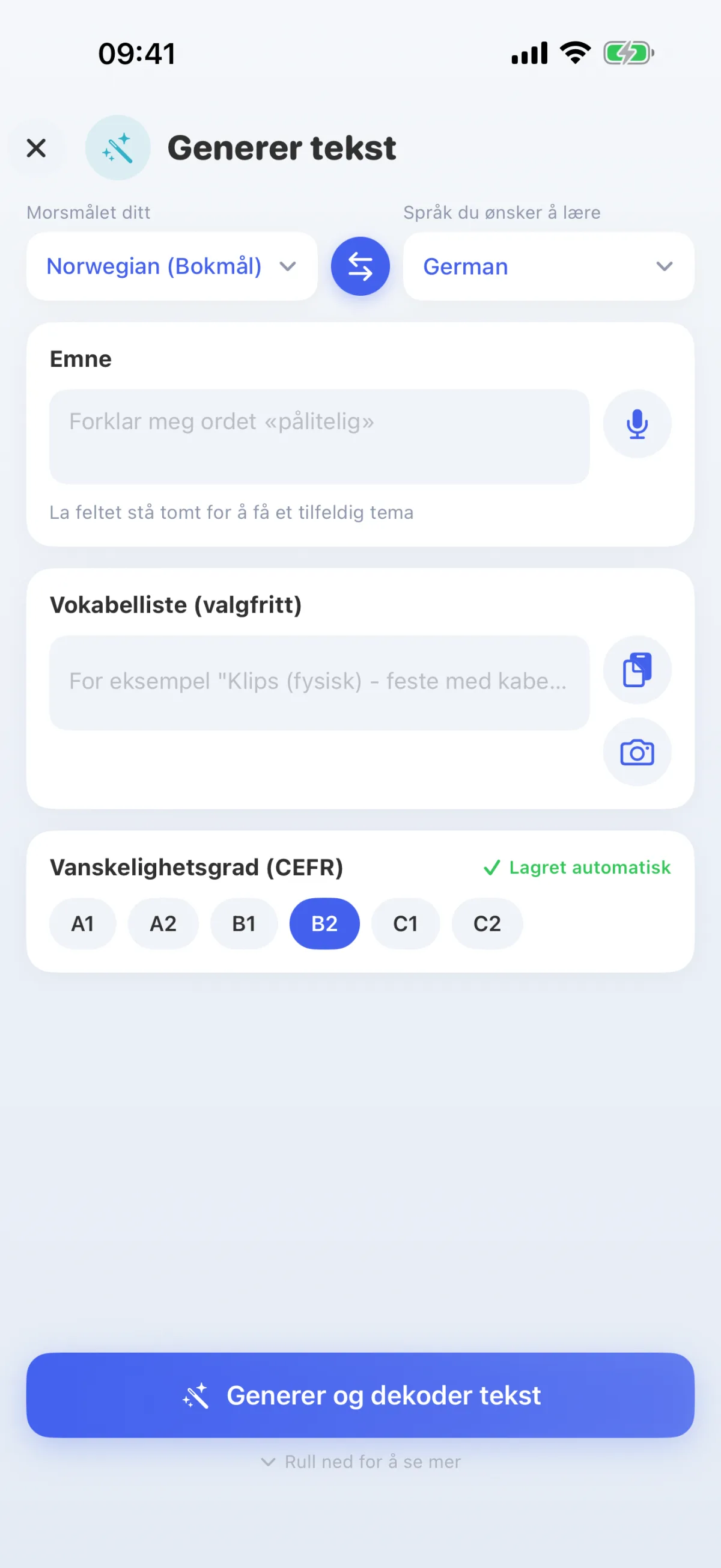 AI-en skriver tekster om temaet ditt – på ditt nivå, fra A1 til C2.