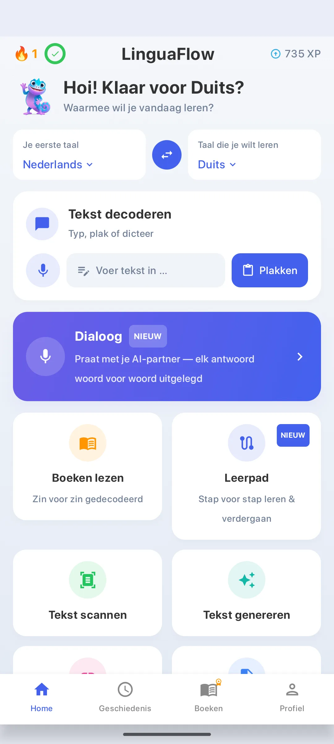 LinguaFlow-startpagina – Moedertaal en leertaal kiezen, tekst ontcijferen