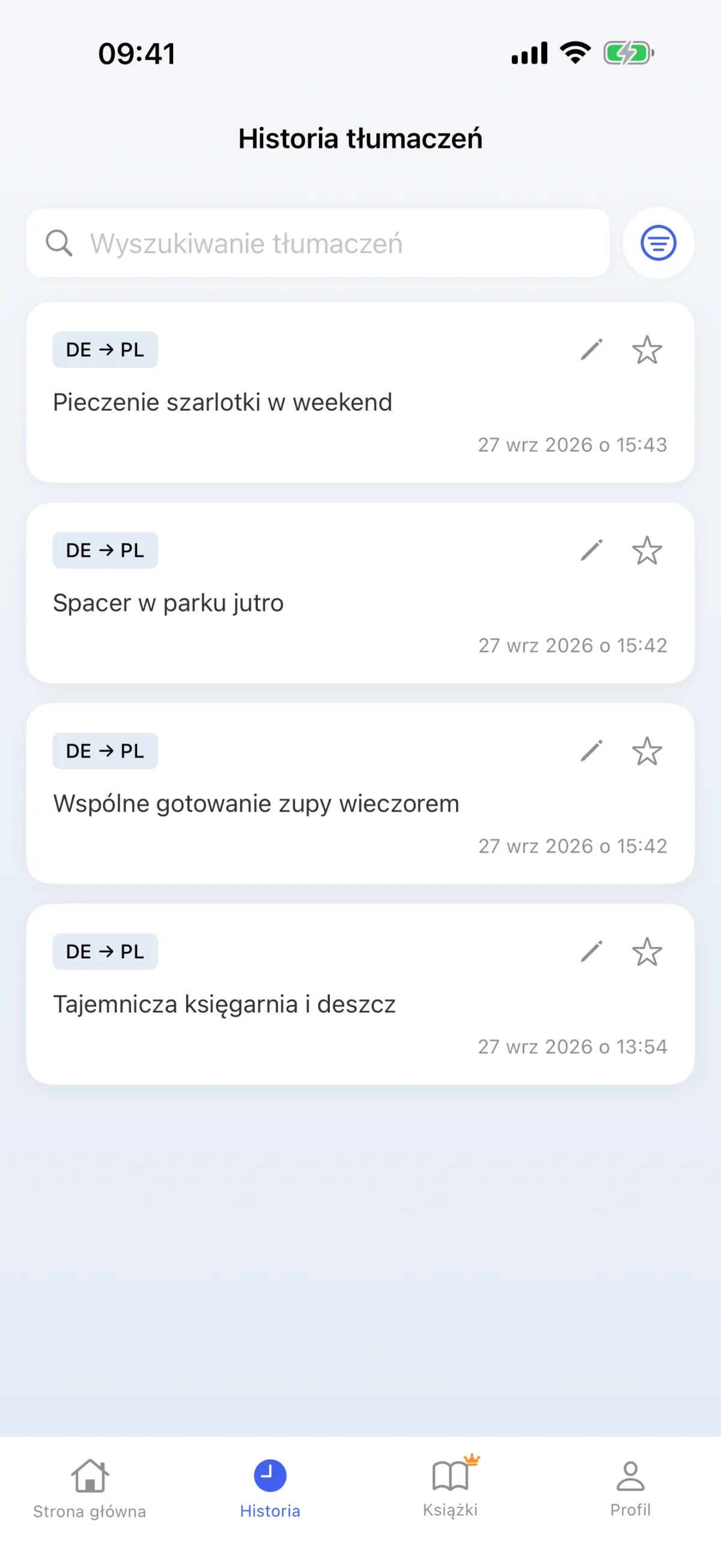 Historia tłumaczeń – możliwość powtórzenia zapisanych tłumaczeń w dowolnym momencie