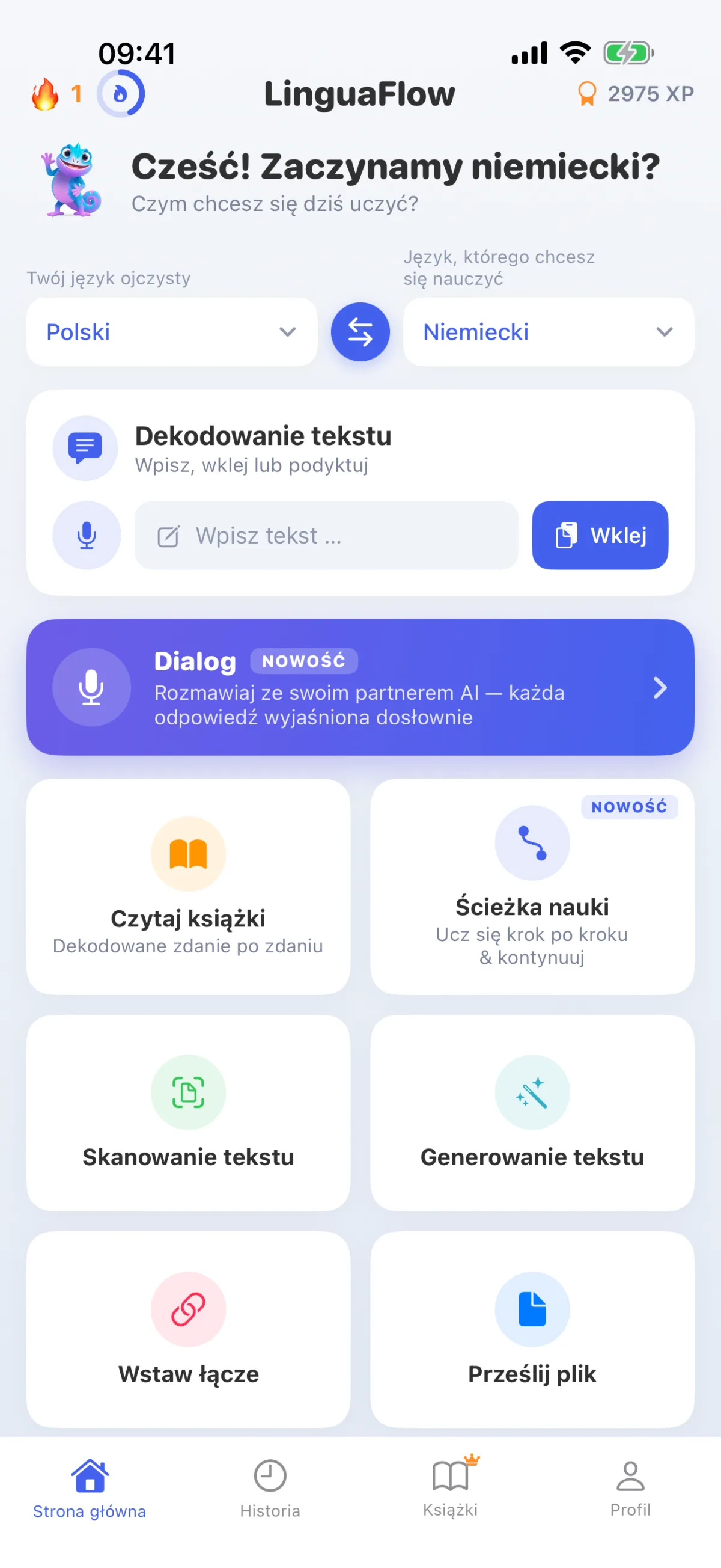 Strona główna LinguaFlow – wybierz język ojczysty i język, którego się uczysz, zdekoduj tekst