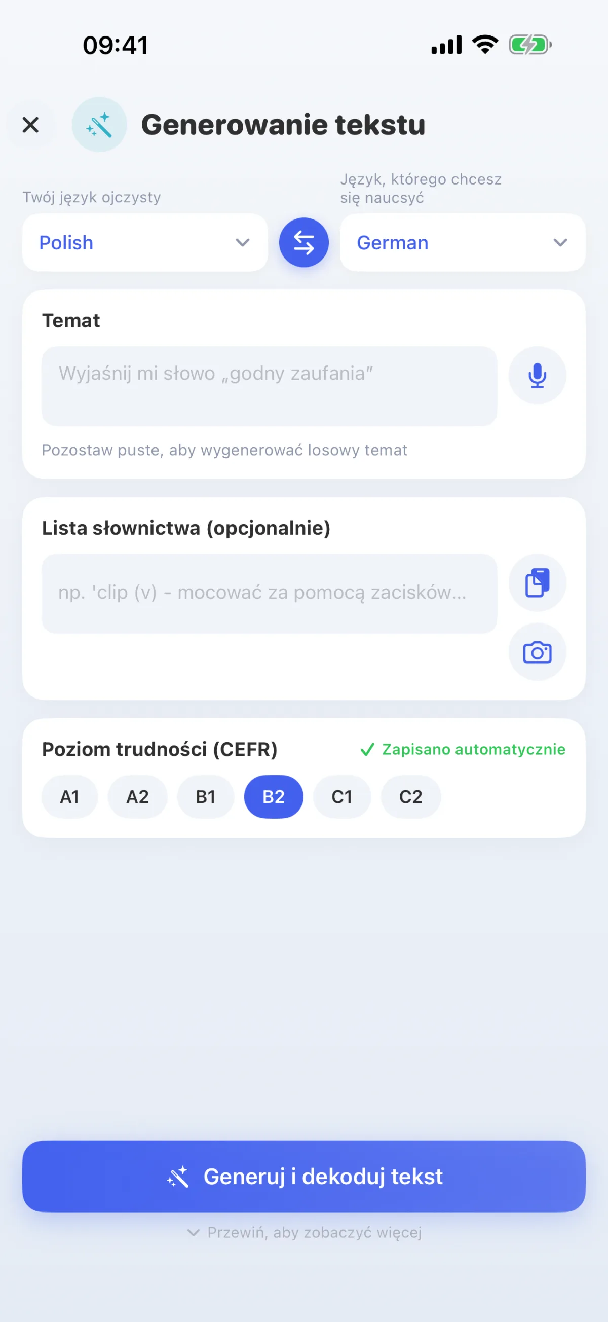 Sztuczna inteligencja tworzy teksty na wybrany przez Ciebie temat – na poziomie od A1 do C2.