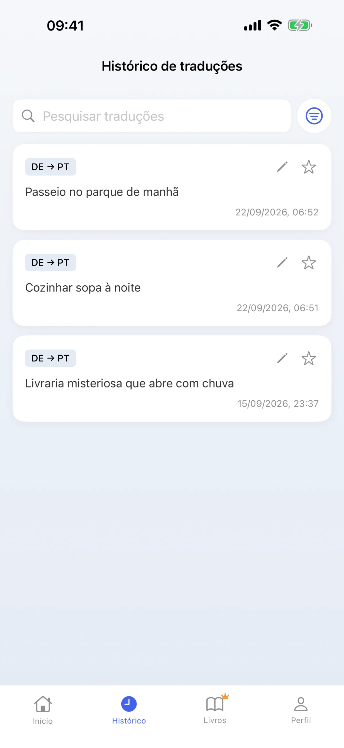 Histórico de tradução – repetir as traduções guardadas a qualquer momento