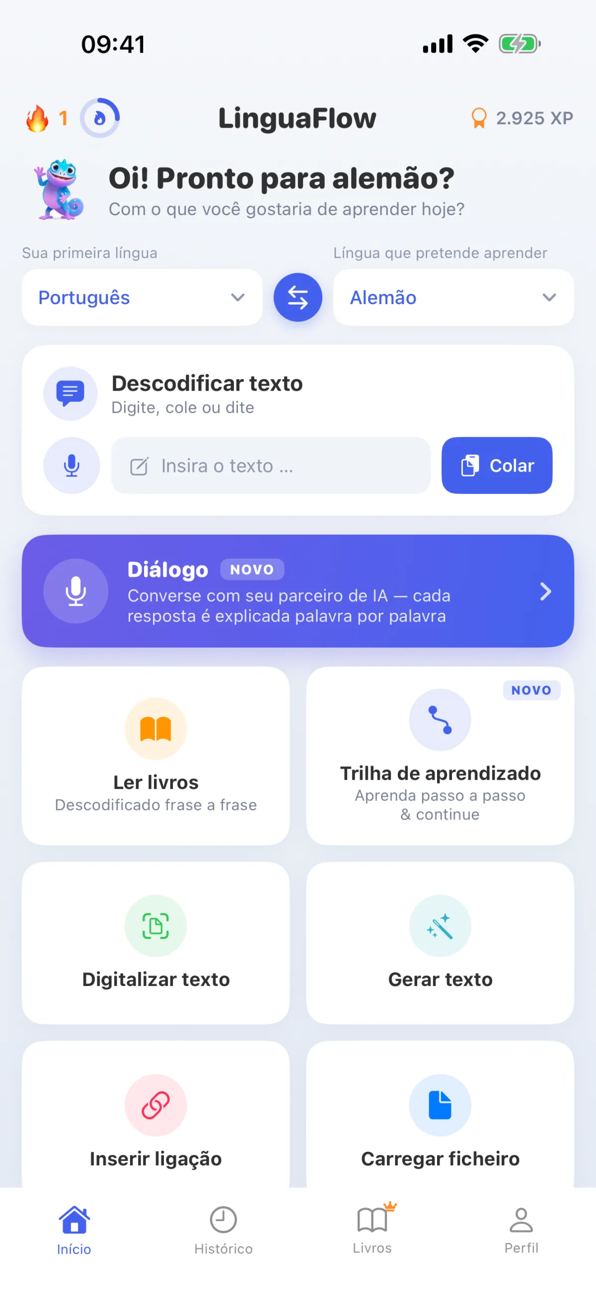 Página inicial do LinguaFlow – Selecionar a língua materna e a língua de aprendizagem, descodificar o texto