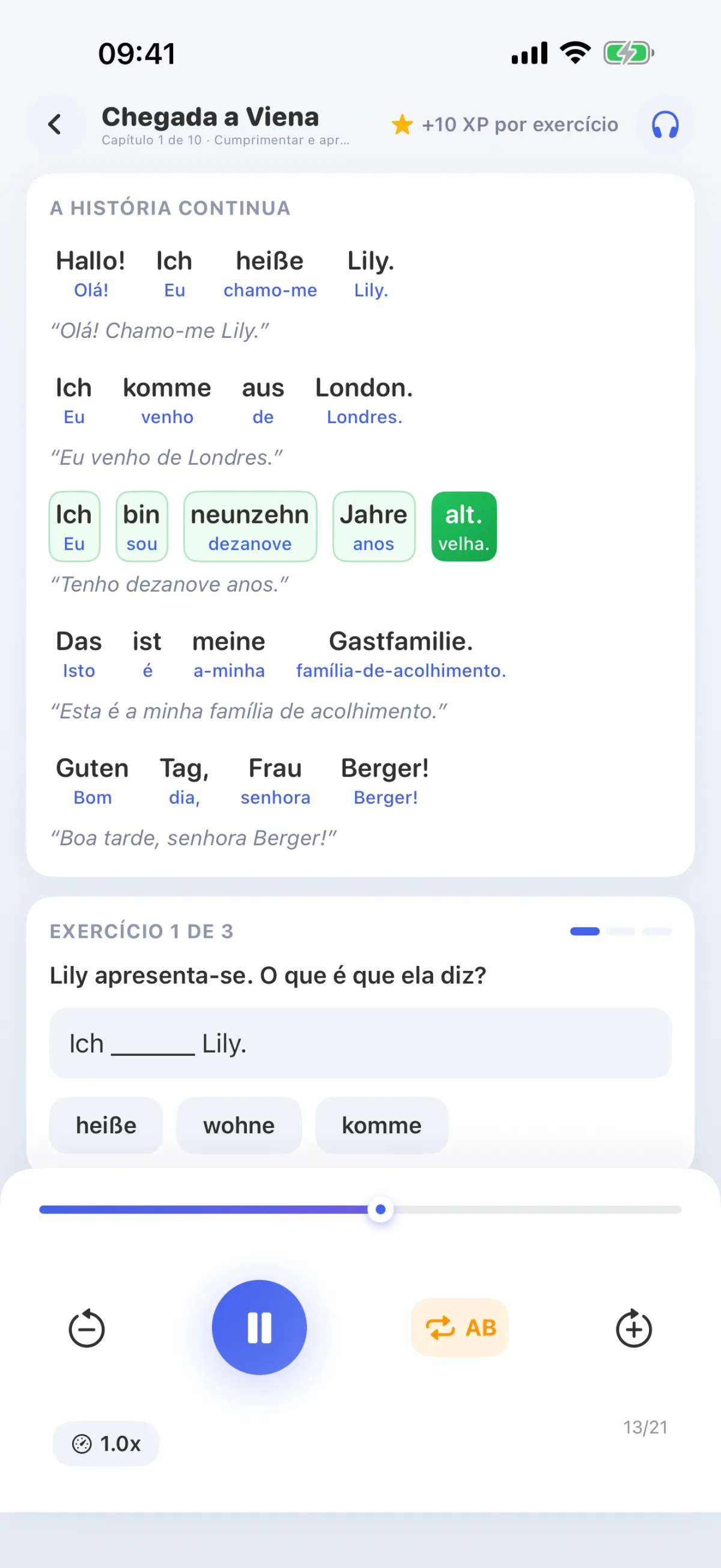 Aula do percurso de aprendizagem: ouvir o texto e acompanhar a leitura; a palavra pronunciada é destacada