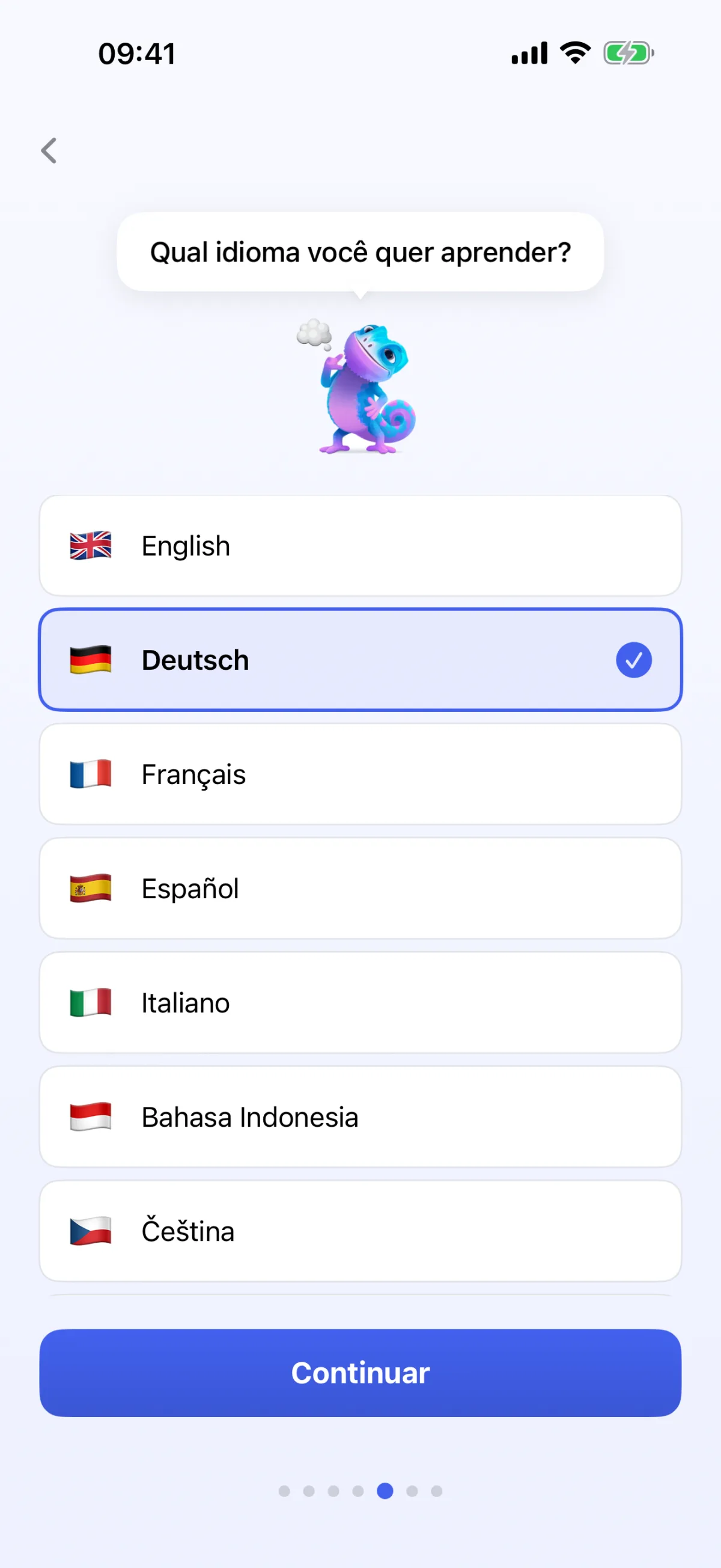 Seleção do idioma no início: mais de 30 idiomas para aprender