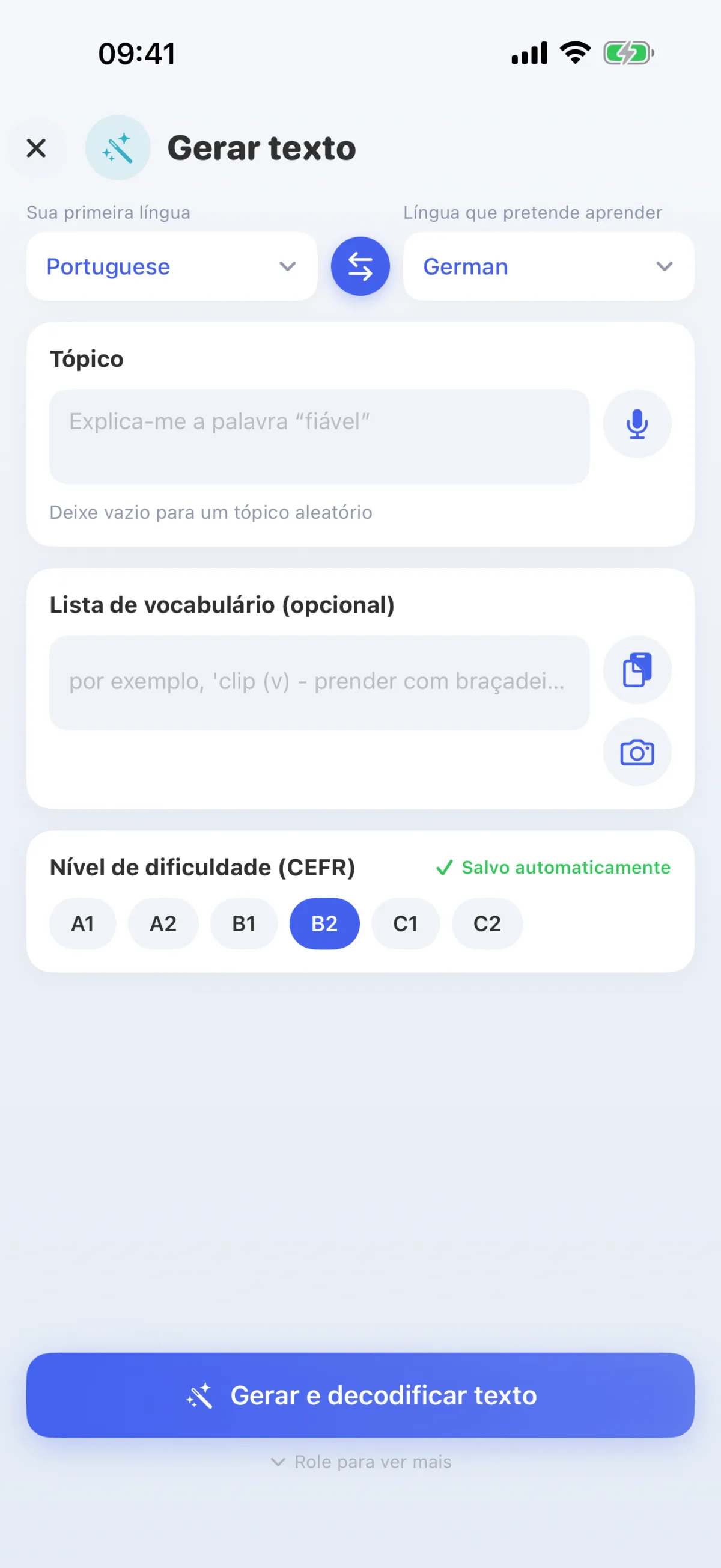 A IA escreve textos sobre o teu tema – ao teu nível, desde o A1 até ao C2.