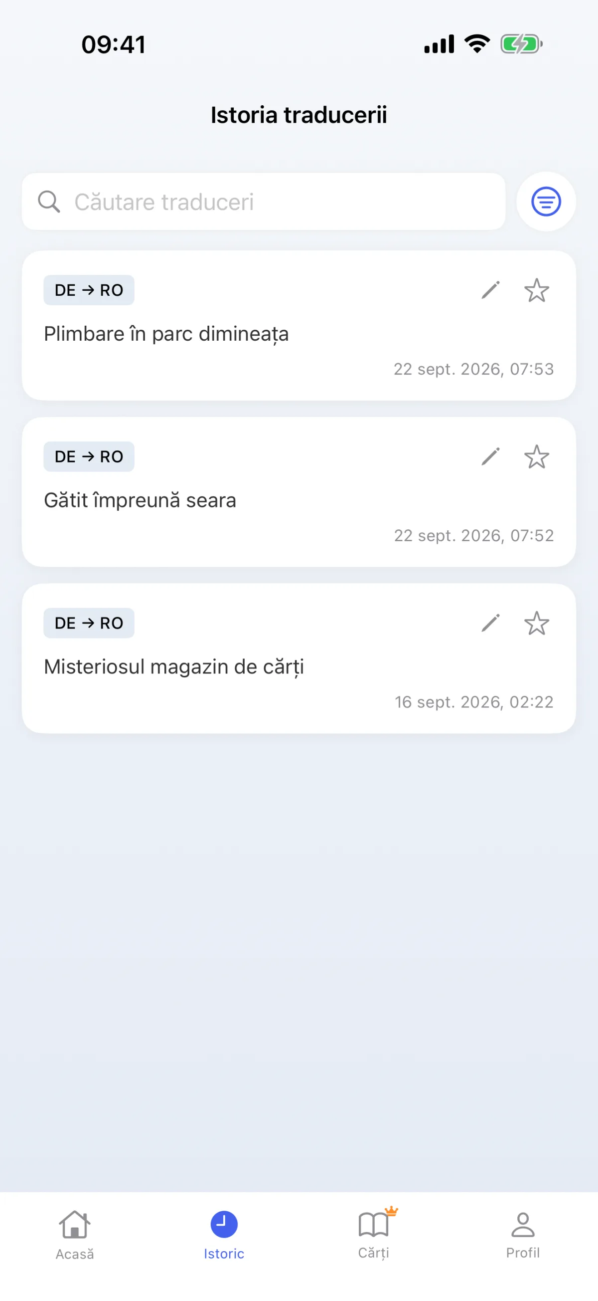 Istoric de traducere – repetarea oricând a decodărilor salvate