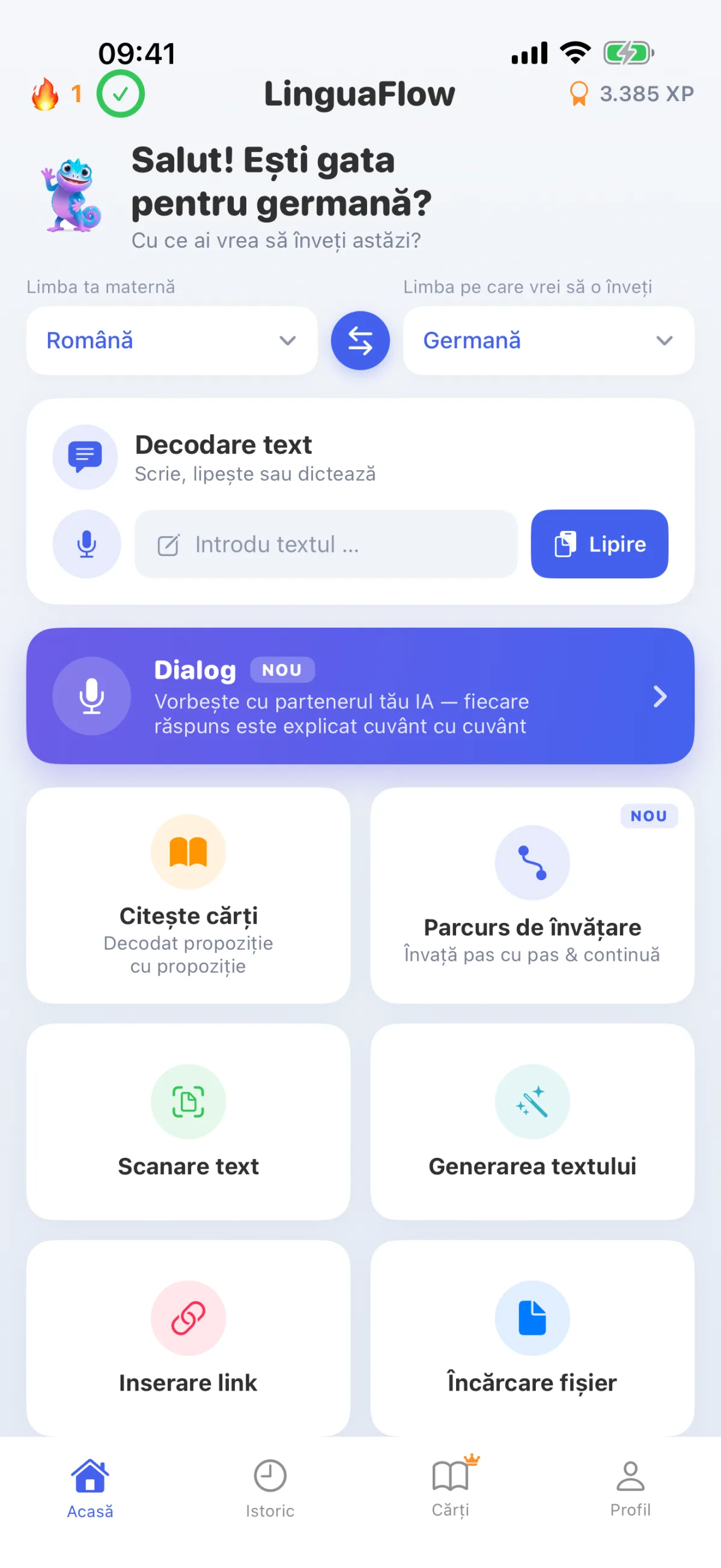 Pagina principală LinguaFlow – Selectarea limbii materne și a limbii de învățare, decodarea textului