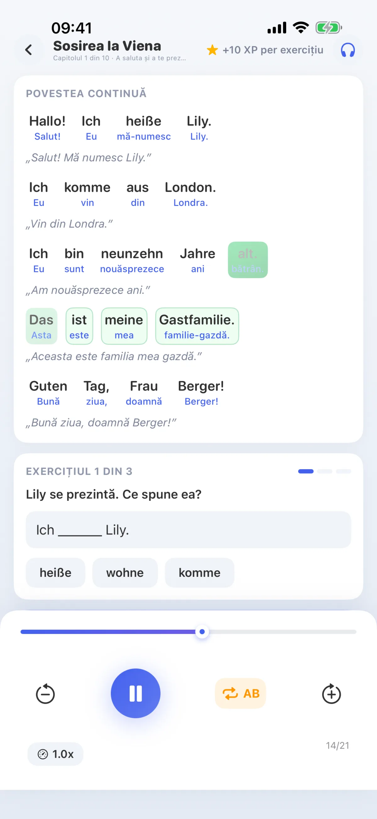 Lecție din parcursul de învățare: ascultarea textului și citirea în paralel, cuvintele rostite sunt evidențiate