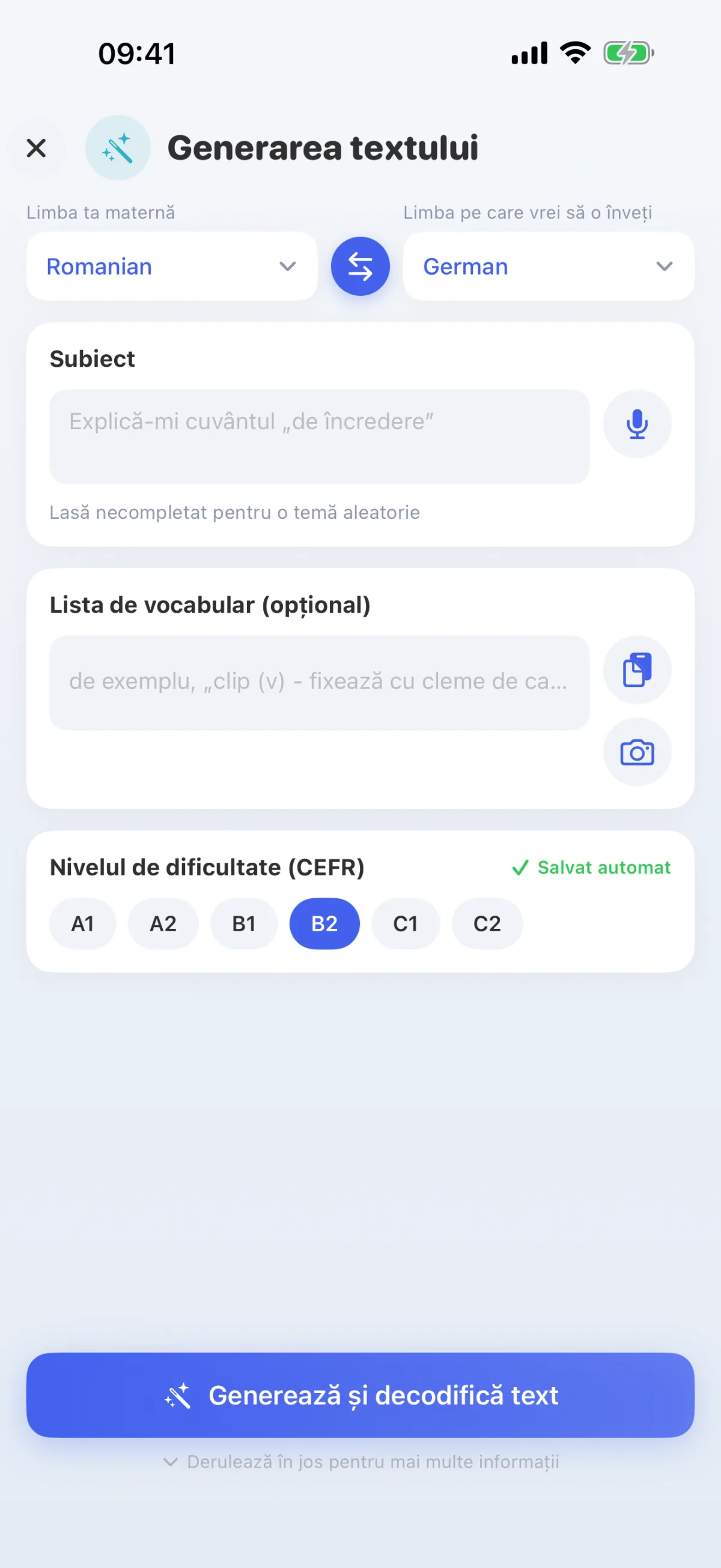 IA-ul scrie texte pe tema aleasă de tine – la nivelul tău, de la A1 la C2.