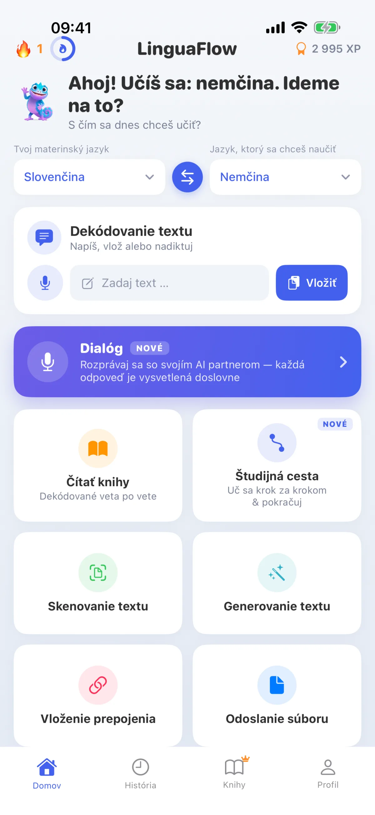 Úvodná stránka LinguaFlow – Výber materinského jazyka a jazyka, ktorý sa učíte, dekódovanie textu