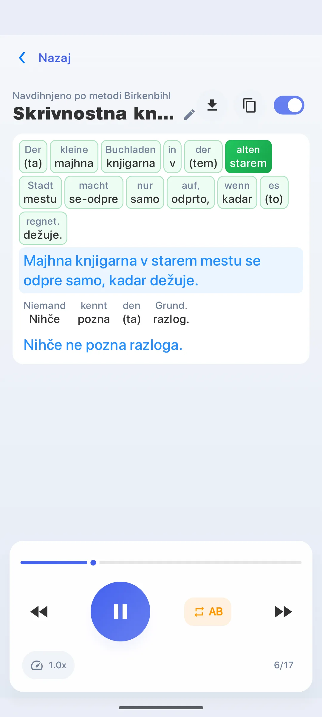 Razlaga aplikacije LinguaFlow – razumevanje tujega jezika beseda za besedo, navdihnjeno z Birkenbihlovim pristopom