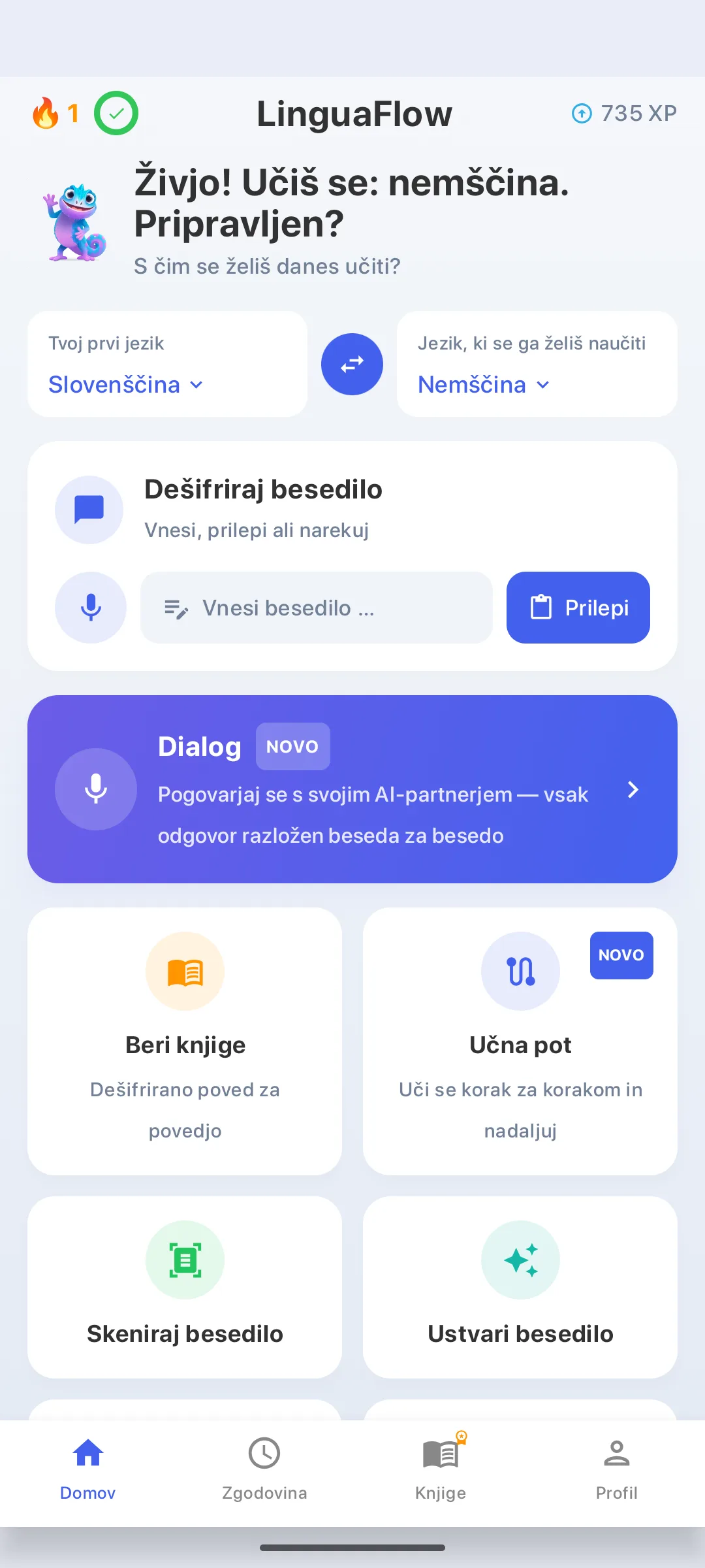 Domača stran LinguaFlow – Izberite materni jezik in jezik, ki ga učite, dekodirajte besedilo