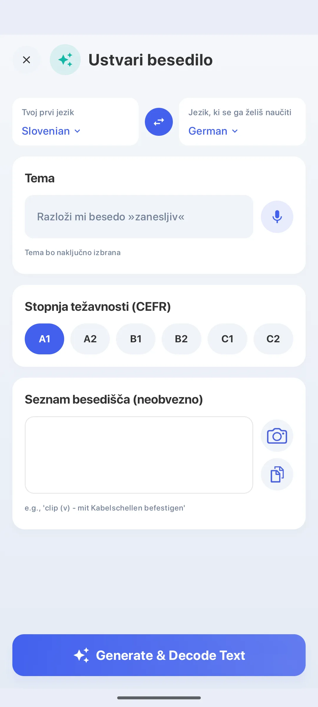 Umetna inteligenca piše besedila na tvojo temo – na tvoji ravni, od A1 do C2.
