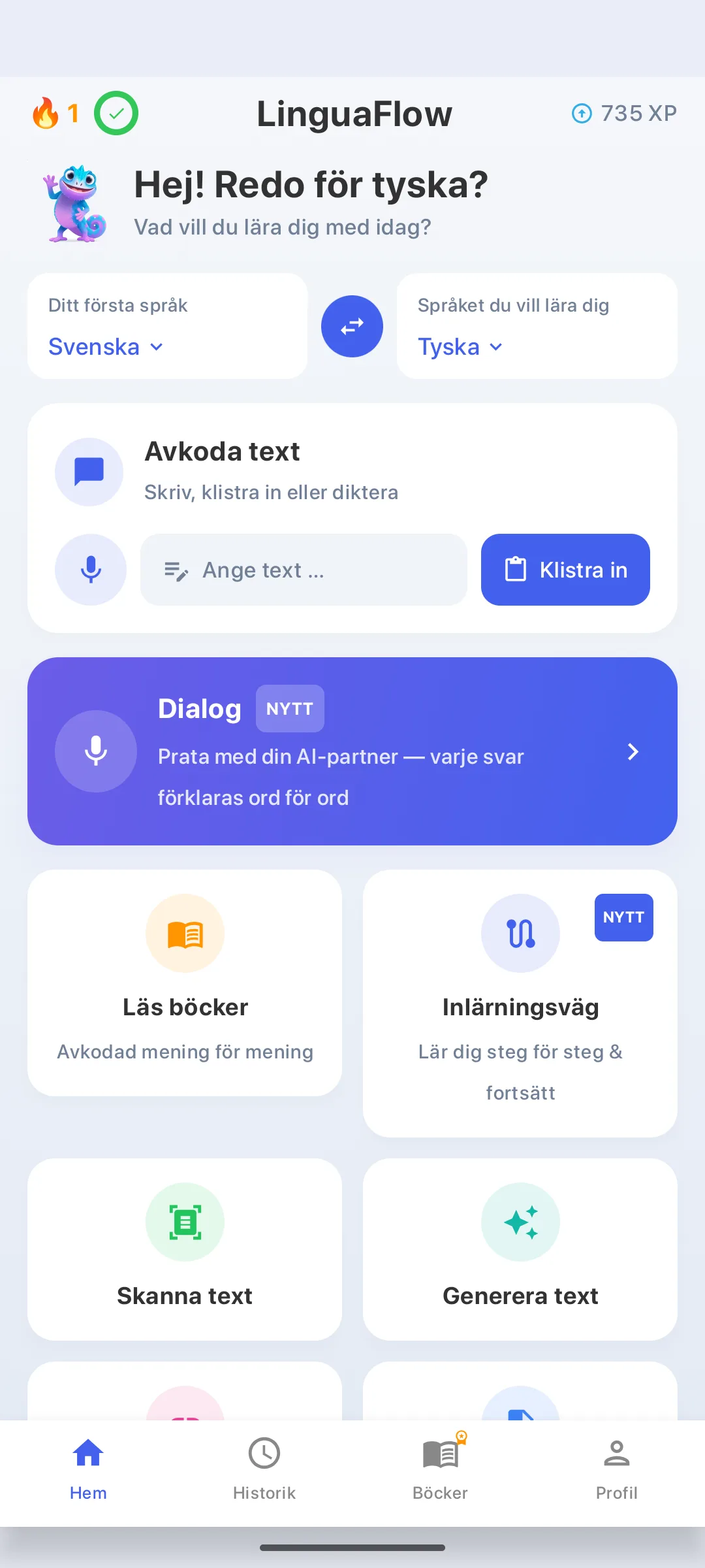 LinguaFlow-startsidan – Välj modersmål och inlärningsspråk, avkoda text