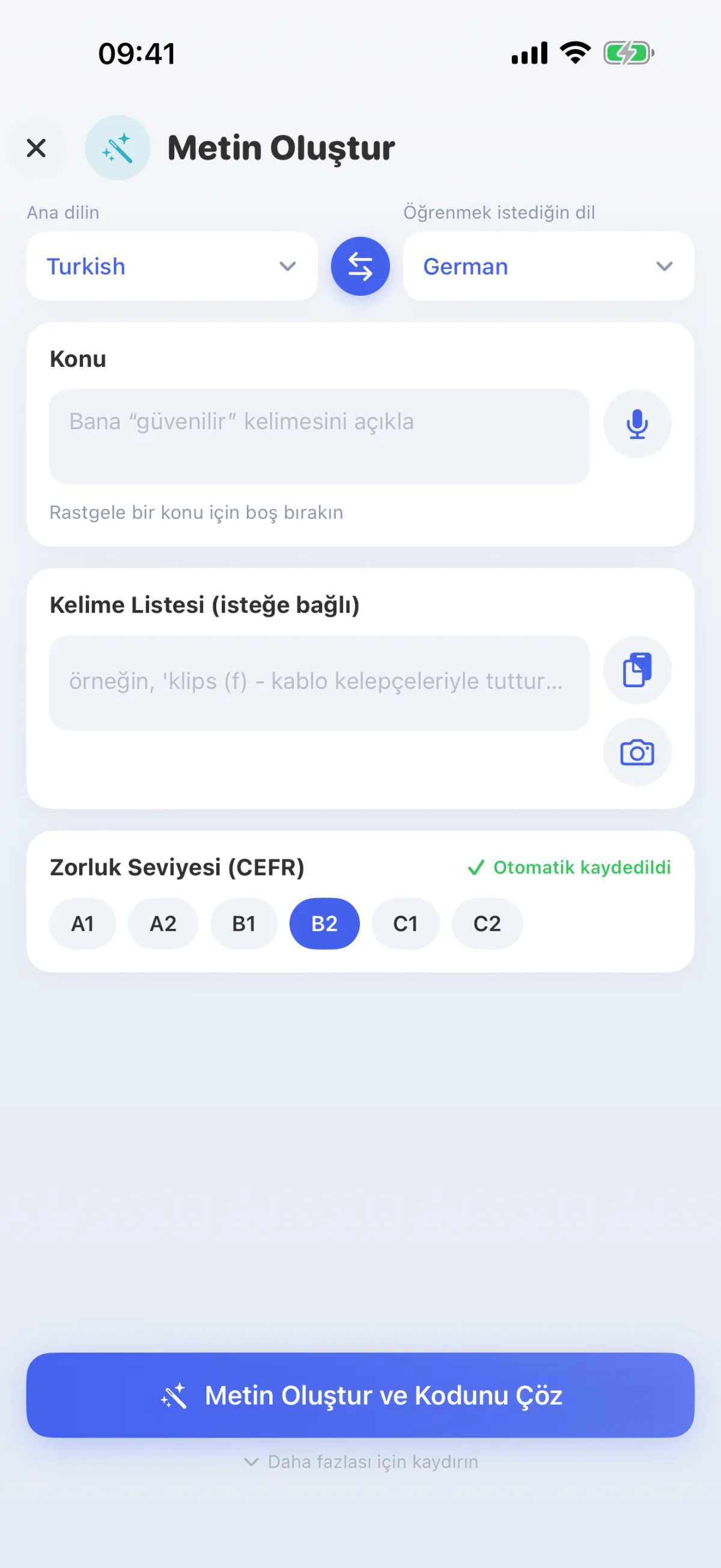 Yapay zeka, seçtiğin konuyla ilgili metinler yazıyor – A1’den C2’ye kadar senin seviyene uygun olarak.